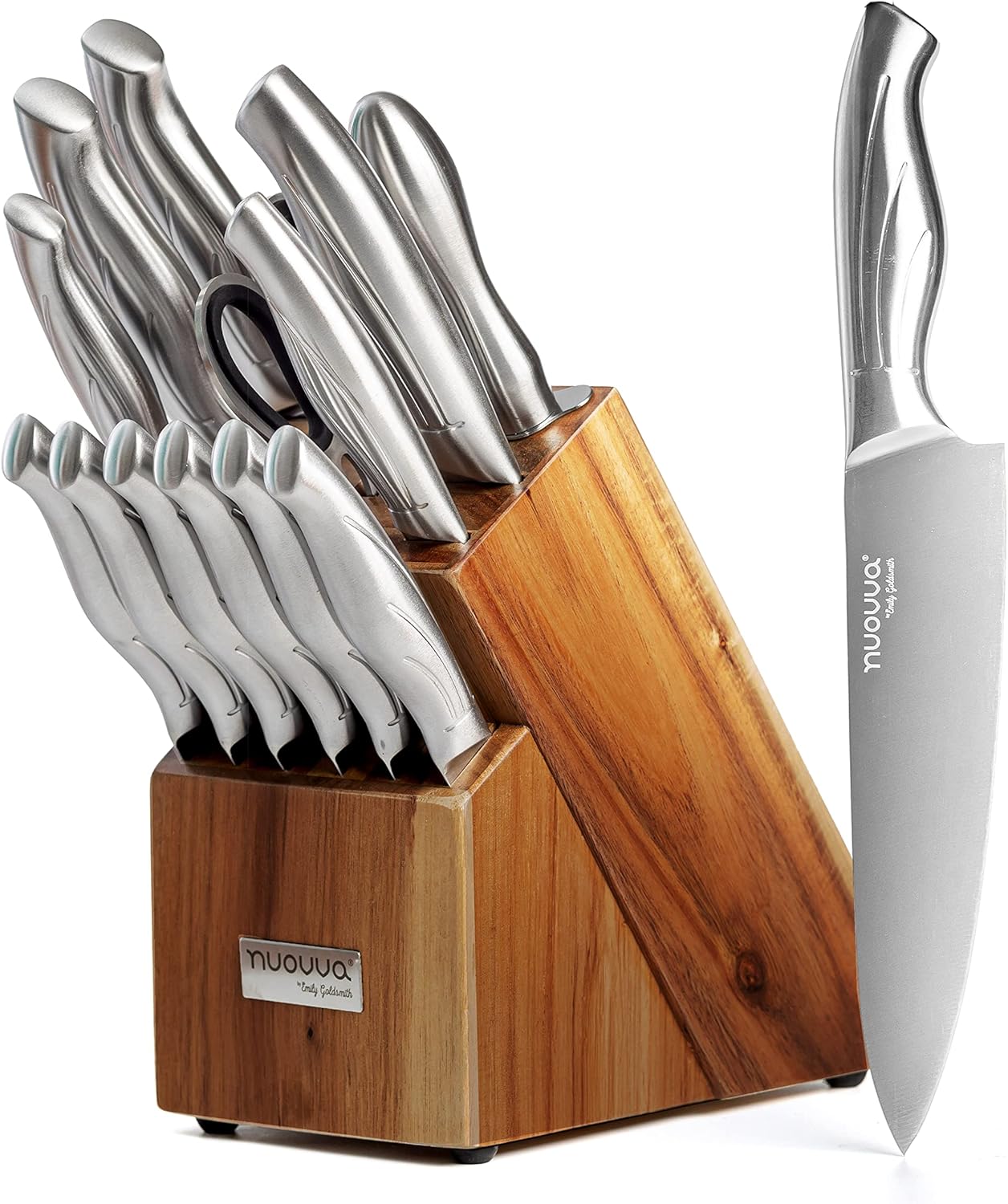 nuovva Kitchen Knife Block Set – 14-Piece Knife Set with Hardwood Block – Stainless Steel Blades – Hollow Knife Set for Chopping, Slicing, Dicing
