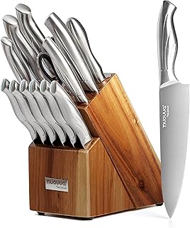 nuovva Kitchen Knife Block Set – 14-Piece Knife Set with Hardwood Block – Stainless Steel Blades – Hollow Knife Set for Chopping, Slicing, Dicing