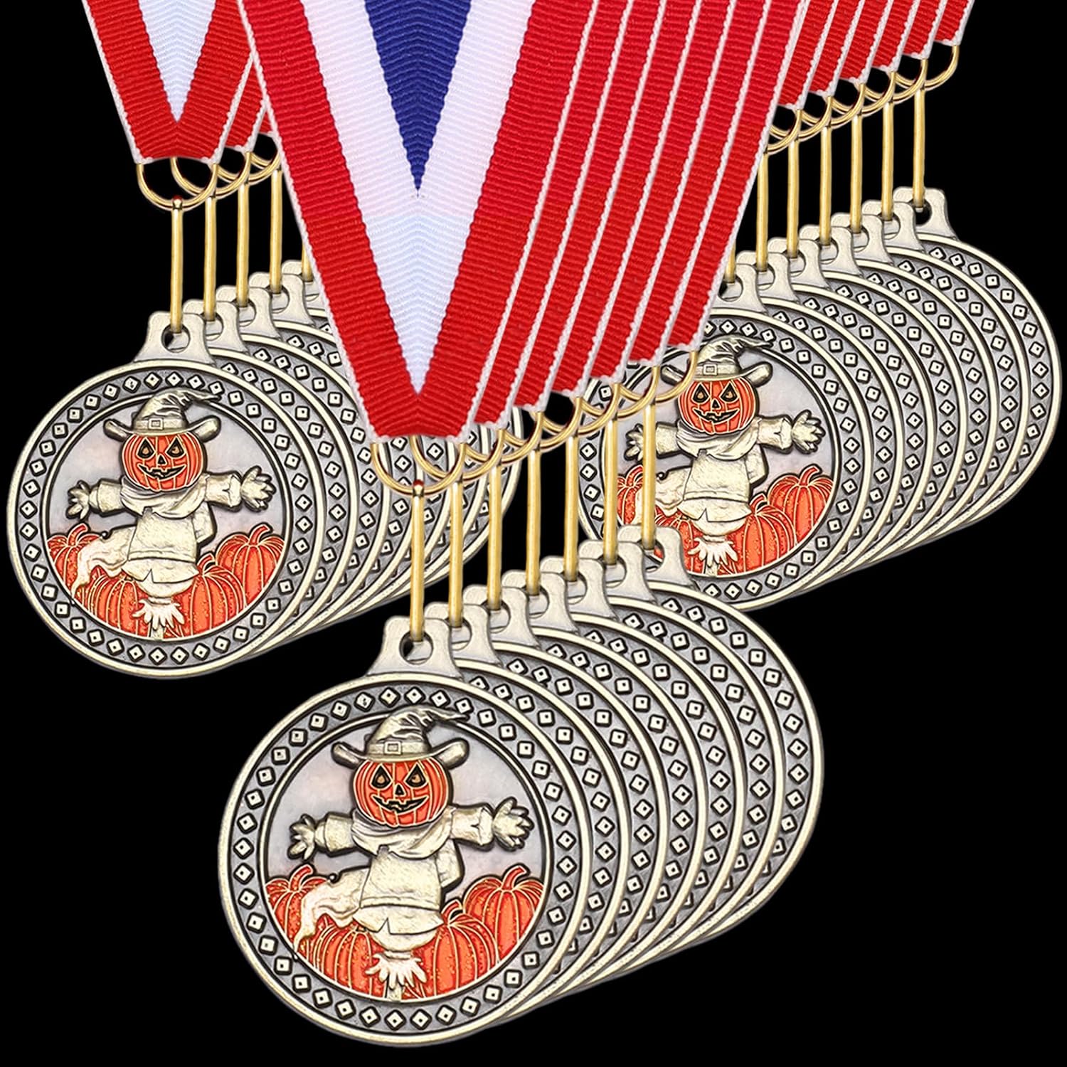 30 Pcs Halloween Award Medal 2 Inches Glitter Scarecrow Medal with Neck Ribbon Pumpkin Scarecrow Award Bulk Metal Halloween Costume Contest Trophy Prizes Gift