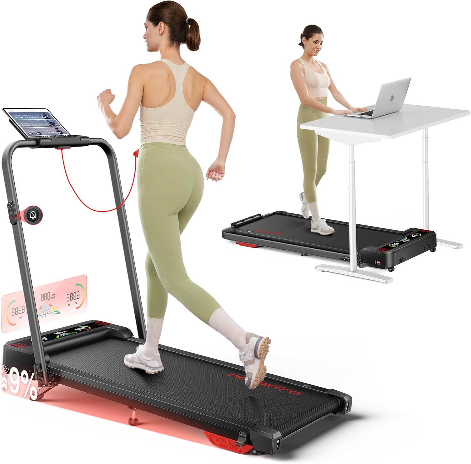 homeTro 4 in 1 Folding Treadmill with 9% Incline, Walking Pad Treadmills for Home Foldable, 2.5HP Dual Display Under Desk Treadmills, 1-12 KM/H Running Pad with Handle, Magnetic Remote& APP Control