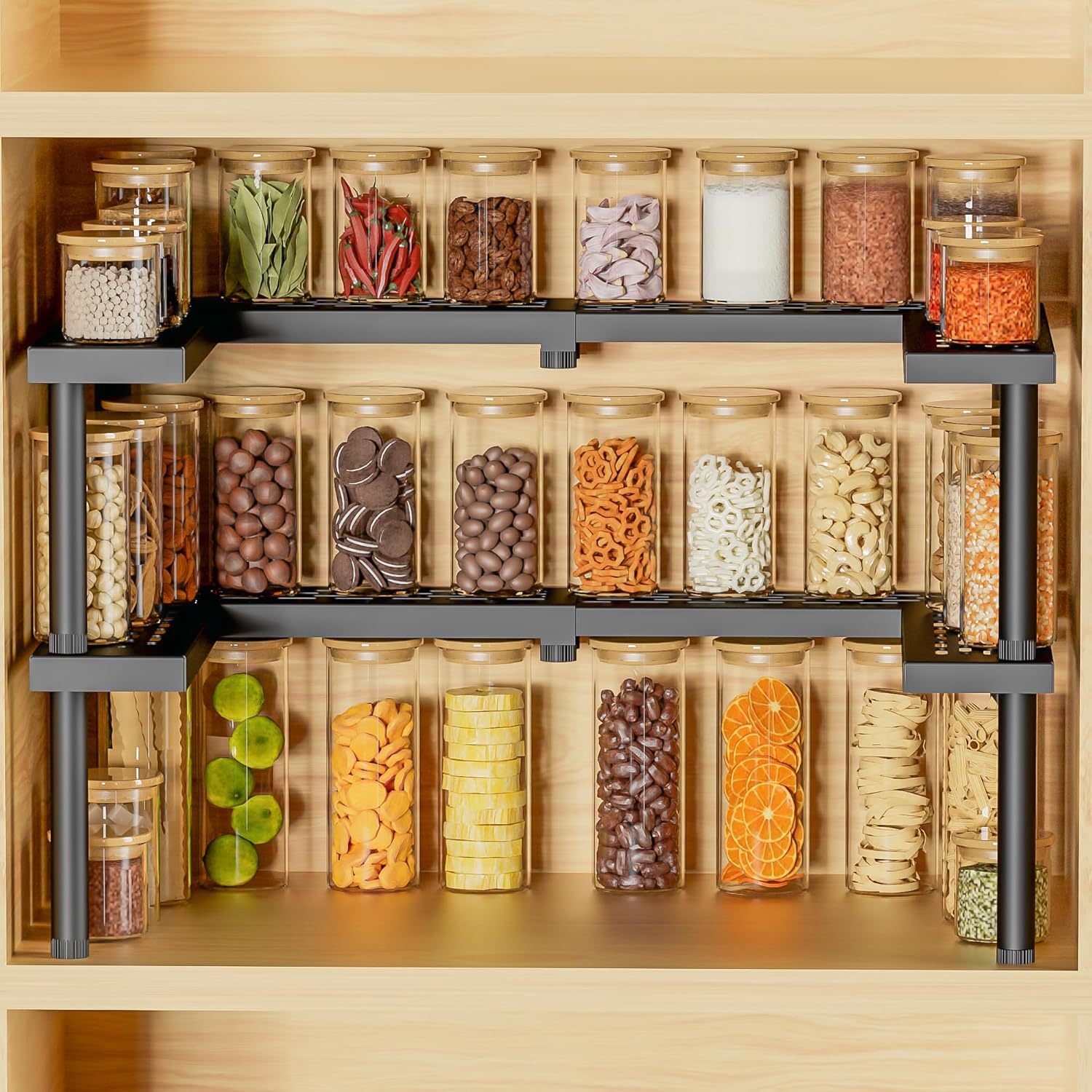 Spice Rack Organizer for Cabinet, 2 Tiers Expandable & Stackable Metal Seasoning Organizer, Premium Spice Organization for Cabinet In Home Organization