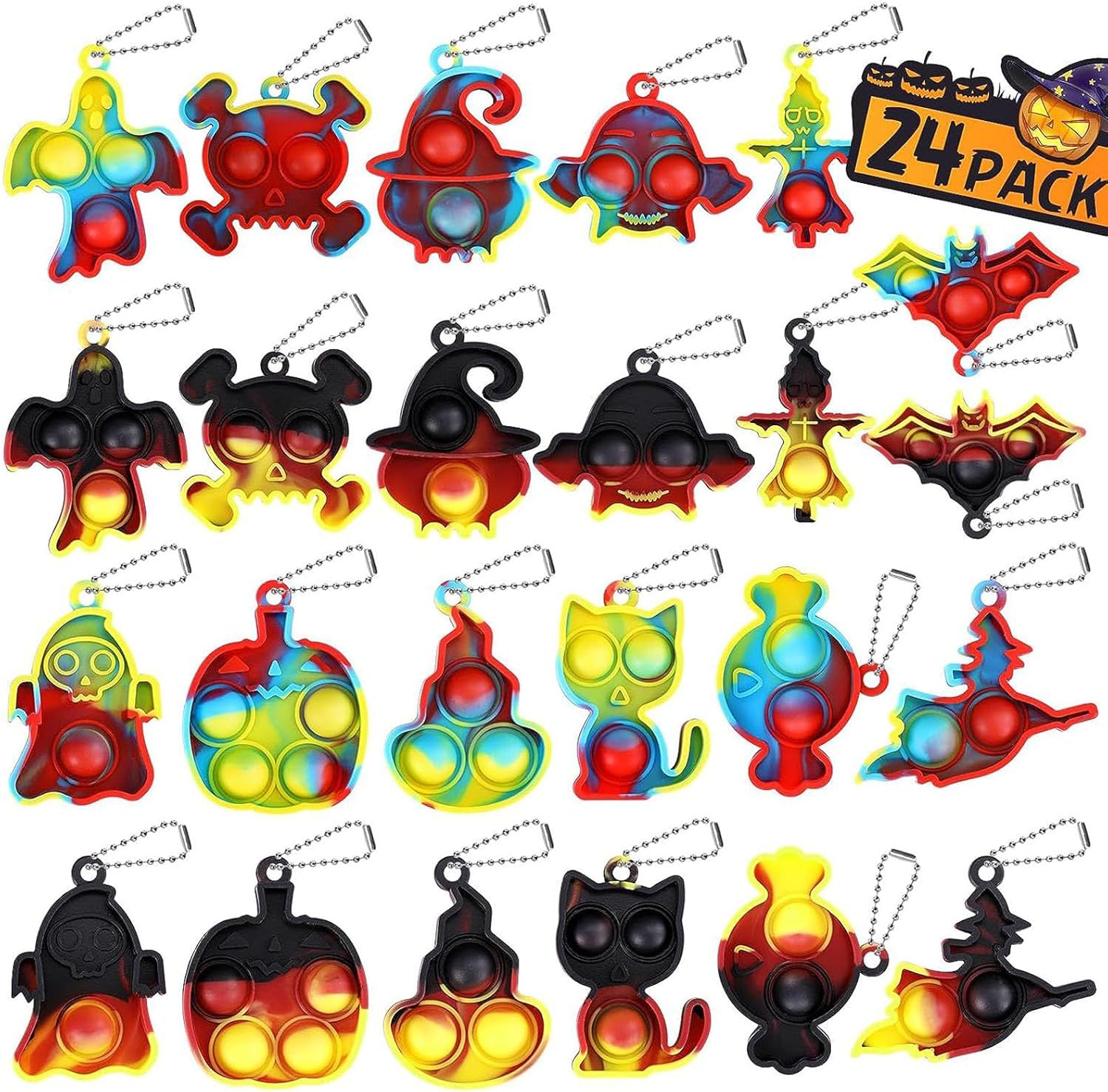Aonuily Mini Pop Fidget Toys, 24Pcs Colorful Silicone Fidget Keyring Keychain Squeeze Pop Bubble Sensory Stress Relief Toys Bubble Keychain (Halloween)