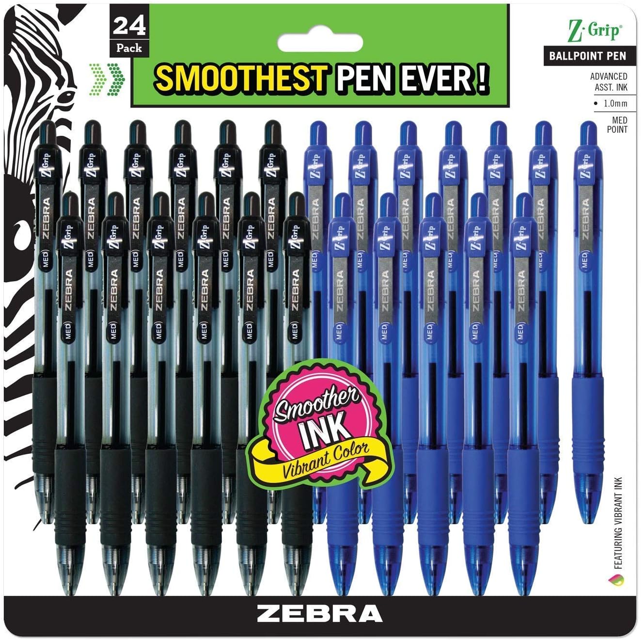 Zebra Pen - Bulk Pack Of 24 Ink Pens - Z-grip Retractable Ballpoint Pens Medium Point 1.0 mm, 12 Black Pens & 12 Blue Pens Combo Pack