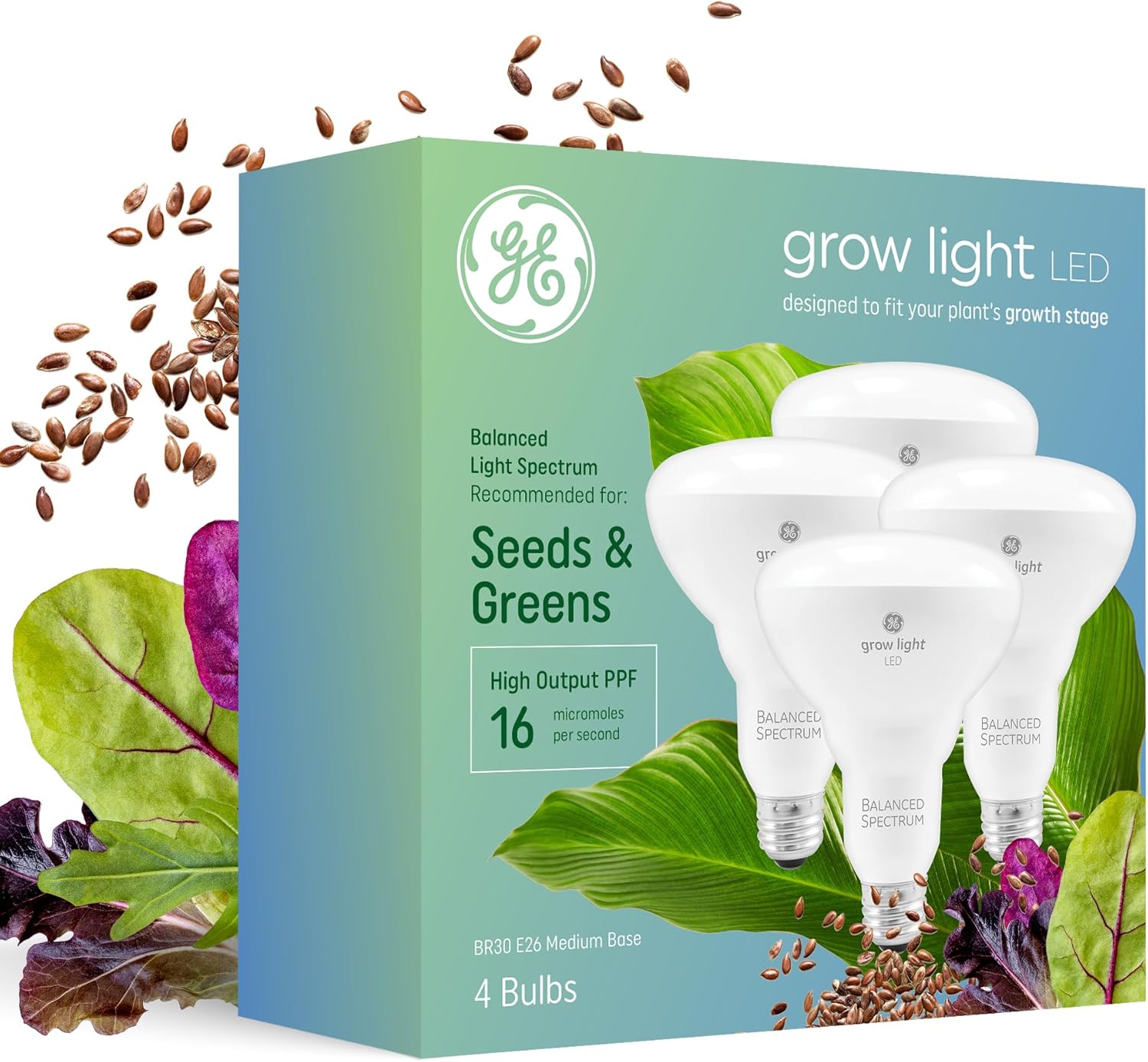 GE Grow Lights for Indoor Plants, BR30 Indoor Floodlight, LED Light Bulbs for Seeds and Greens with Balanced Spectrum, 25,000 Hours Lifespan, 16 PPF, 4 Pack (Packaging May Vary)