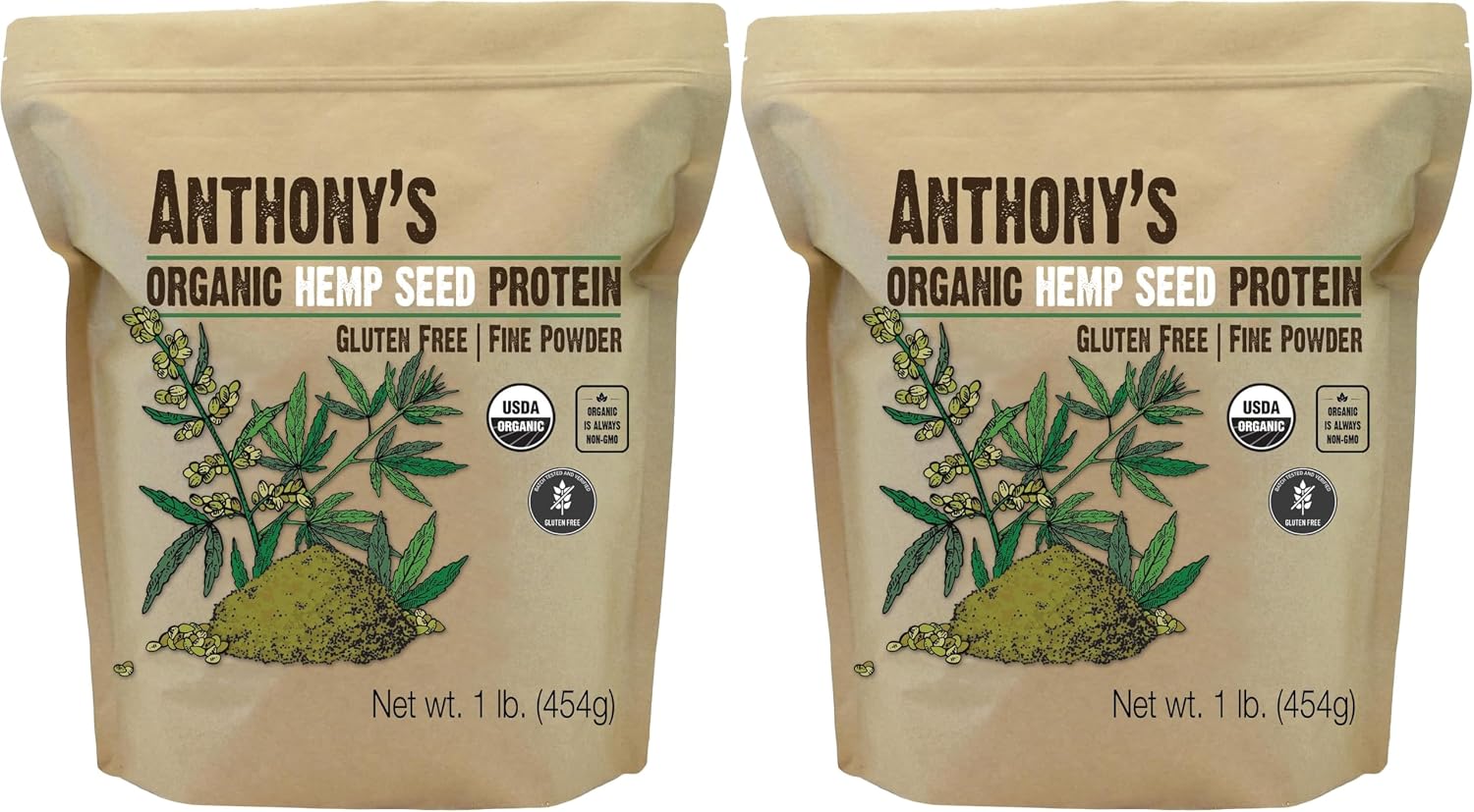 Anthony's Organic Hemp Seed Protein Powder, 1 lb, Cold Pressed, Gluten Free, Non GMO, Fine Powder (Pack of 2)