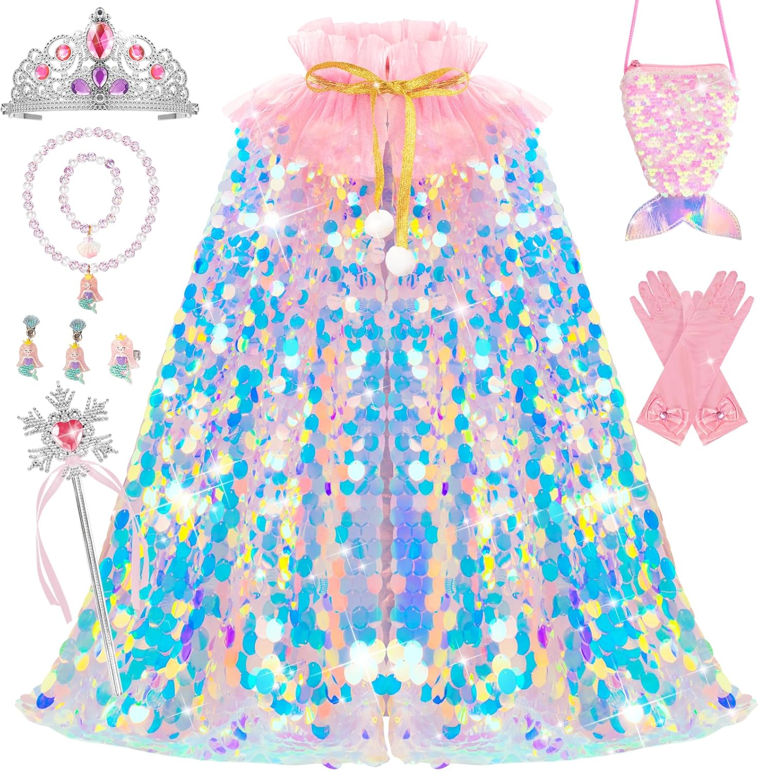 Meland Princess Dress Up for Girls 3-8, 11Pcs Mermaid Cape with Crown, Dress Up Clothes Birthday Gift Toys for Girls Toddlers
