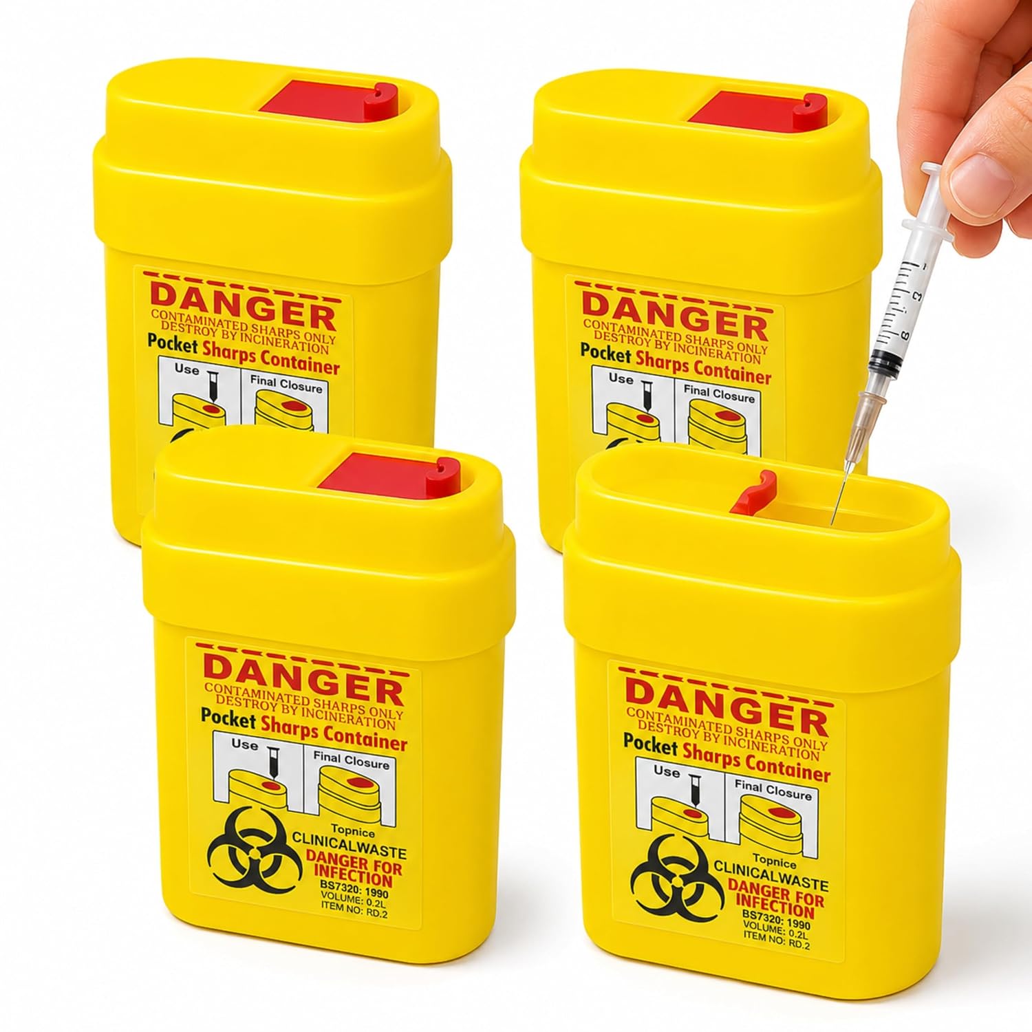 4 Pack Travel Sharps Bin Small - Portable Sharps Box for Needles, 0.2L Each | For insulin pen needles, diabetic syringes, lancets, razor blades and small sharps, compact bin for home, work or travel