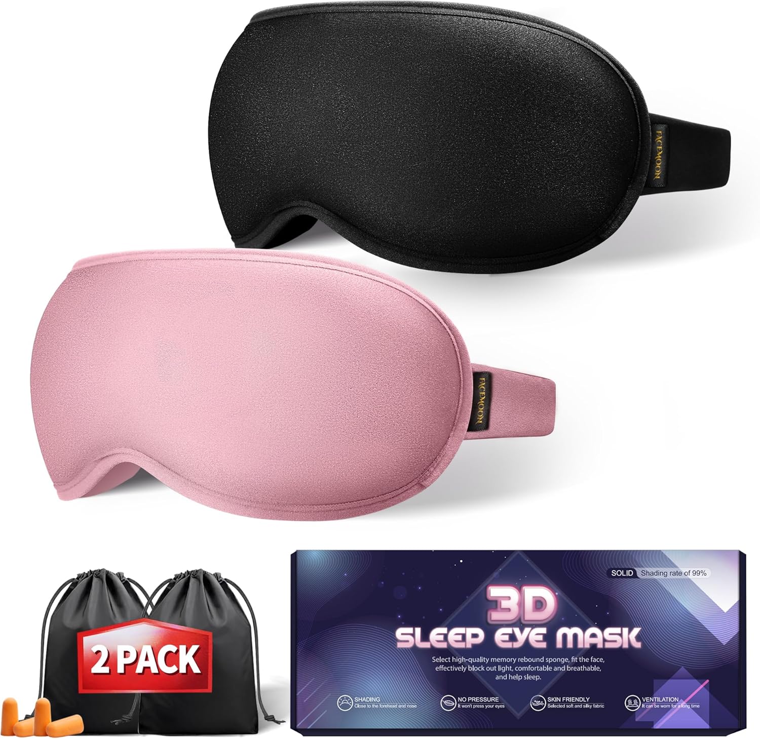 Weighted Sleep Mask 2 Pack - 3D Contoured Eye Masks for Sleep, Best Blackout Sleep Masks for Women Men, Eye Mask for Travel, Meditation, Airplane, Memory Foam, Adjustable Strap, Black Pink