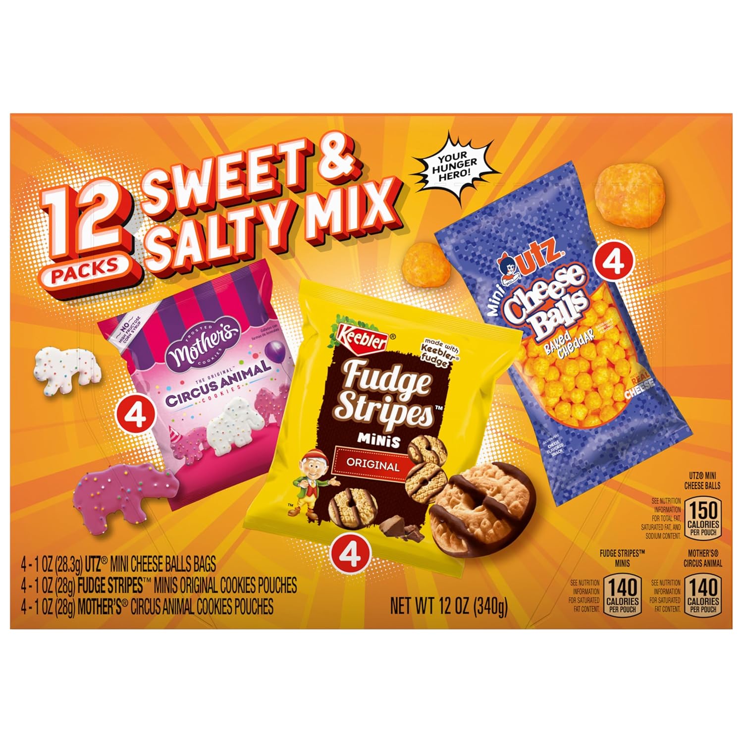 Keebler Sweet & Salty Mix, Keebler Fudge Stripes, Mother's Circus Animals, Utz Mini Cheese Balls, 1 Oz. (Pack of 12)