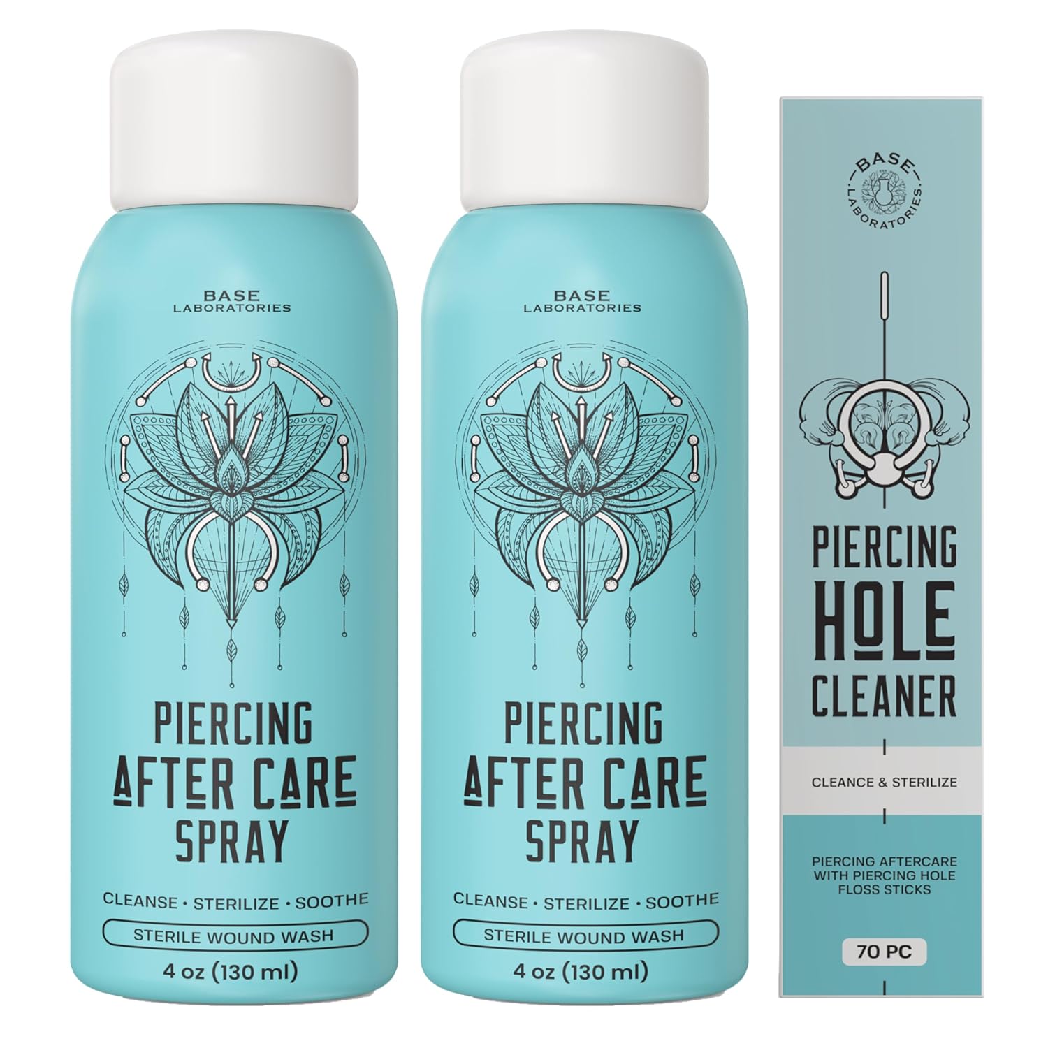 BASE LABORATORIES Piercing Aftercare Saline Spray 4 oz, Ear Cleaner, 2-Pack