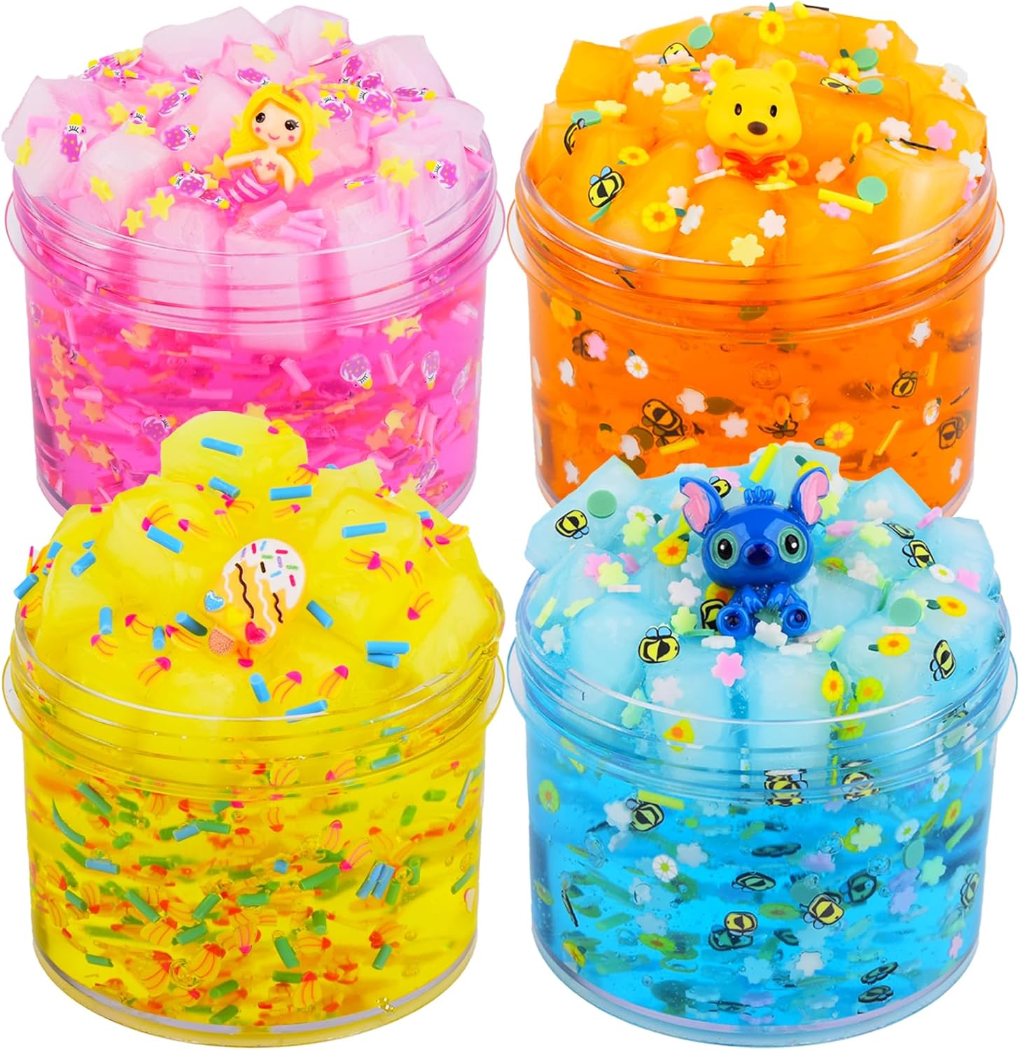 Slime Kit - 4 Pack Jelly Cube Crunchy Slime Kit, with Mermaid, Ice cream and Teddy bear Cute Charms, Soft & Non-Sticky Clear Crunchy Slime, Slime Party Favor for Girls and Boys Stress Relief Toy