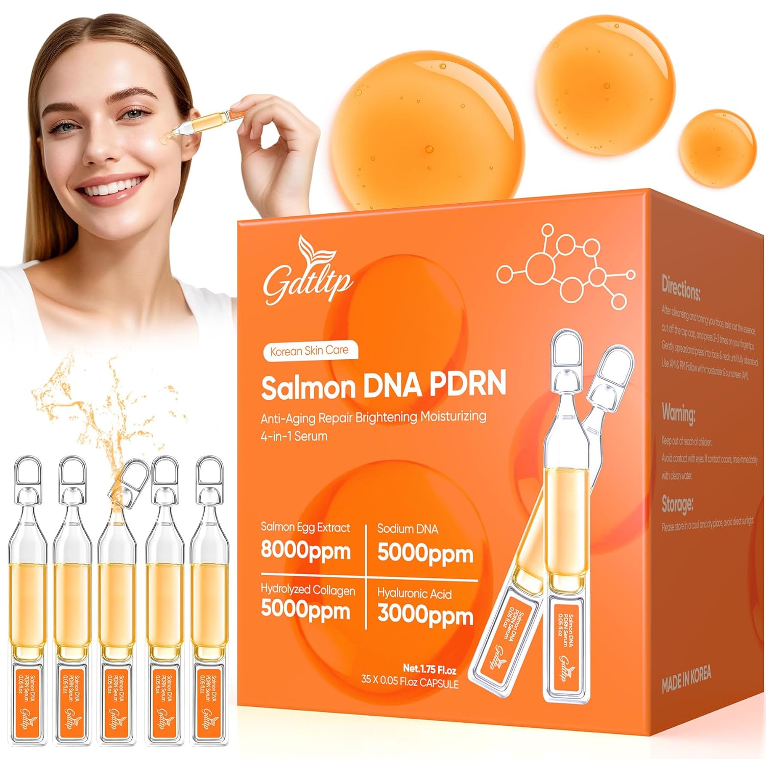 Salmon DNA Serum, Anti-Wrinkle PDRN Serum, 8000ppm Salmon Egg Ampoule, Collagen, Glutathione, Niacinamide, Hyaluronic Acids, Vitamin E - Korea Skin Care for Anti-Wrinkle & Radiance, 0.05 fl.oz x 35e
