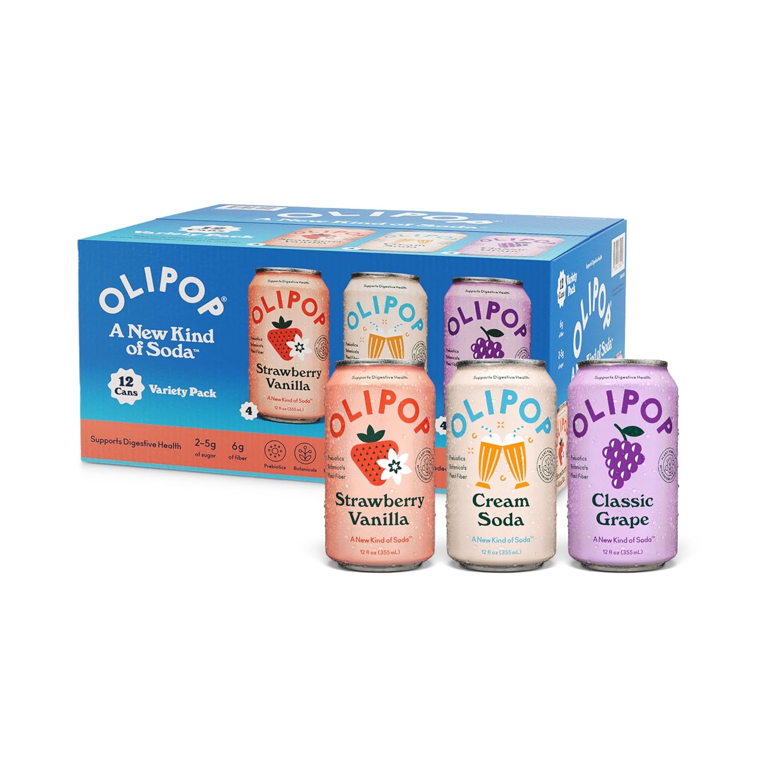 OLIPOP Prebiotic Soda Pop, 3 Flavor Variety Pack, Prebiotics, Fiber, and Botanicals, Gluten Free, GMO Free, 12oz (12-Cans) (Packaging May Vary)
