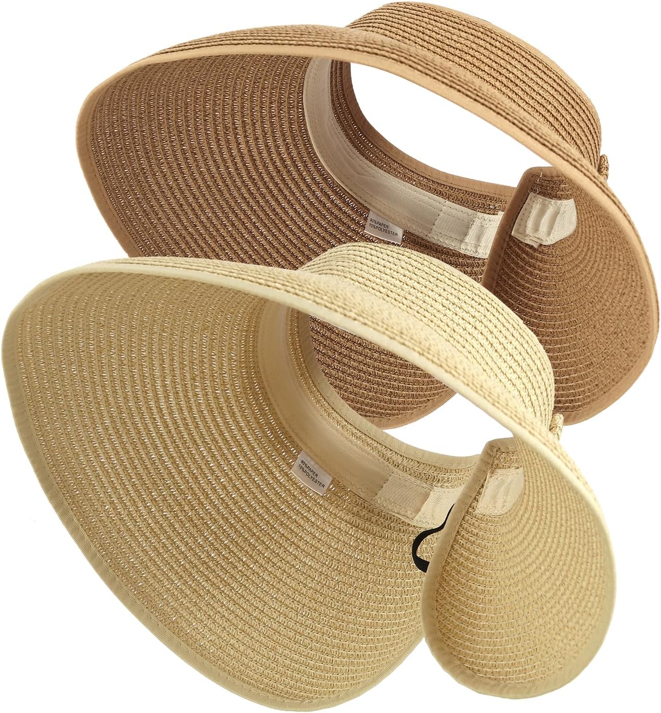 2Pcs Foldable Straw Sun Visor Hats,Wide Brim Ponytail Summer Beach Hat, Protect Your Skin Easily Perfect for Women Summer Vacation (Natural +Beige)