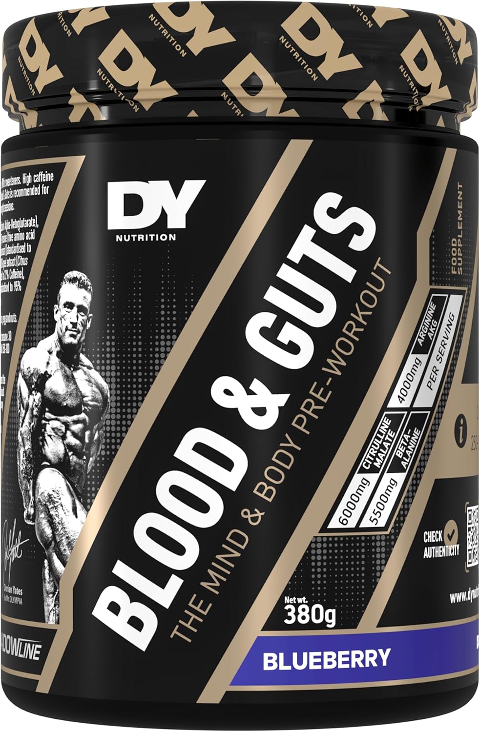 DY Nutrition - Blood and Guts Pre Workout Powder, 380g (Blueberry) - High Strength Preworkout with 350mg Caffeine, Citrulline Malate, Beta Alanine, Arginine AKG, L-Tyrosine, Vitamin B3 for Men & Women