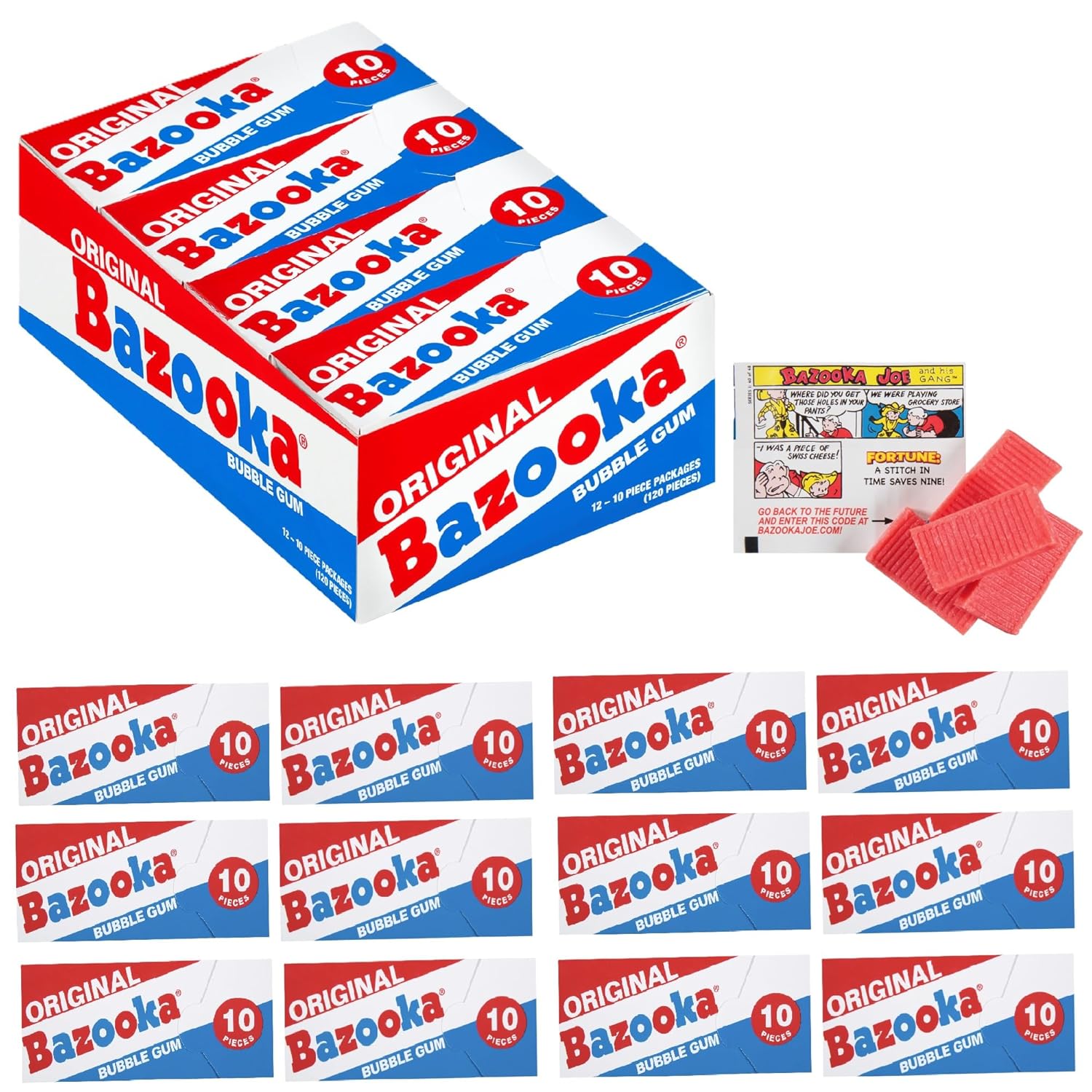 Bazooka Bubble Gum Bulk Individually Wrapped Original Pink Chewing Wallet Packs, 10 Piece Pack (12 Ct) Pink Gum w/ Bazooka Joe Comic Wrapper, Baseball Party Favors, Nostalgic 90s Candy