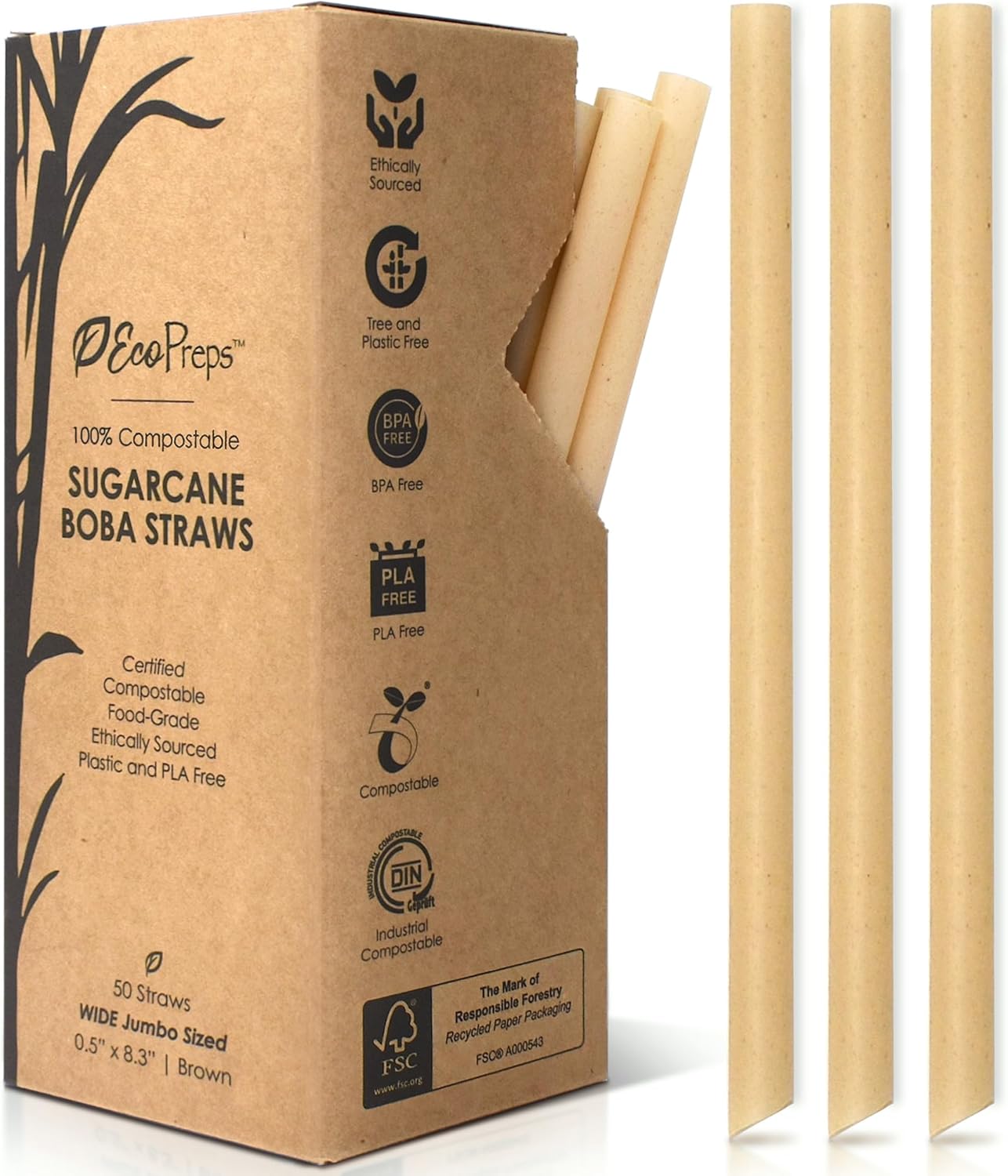 Biodegradable Jumbo Smoothie Straws, Sugarcane Boba Straws - 50 PCS, Extra Wide, 100% Compostable, Plastic-Free, Eco-Friendly Large Wide-Mouthed Straw - 8.25" Long Sugarcane Disposable Straw