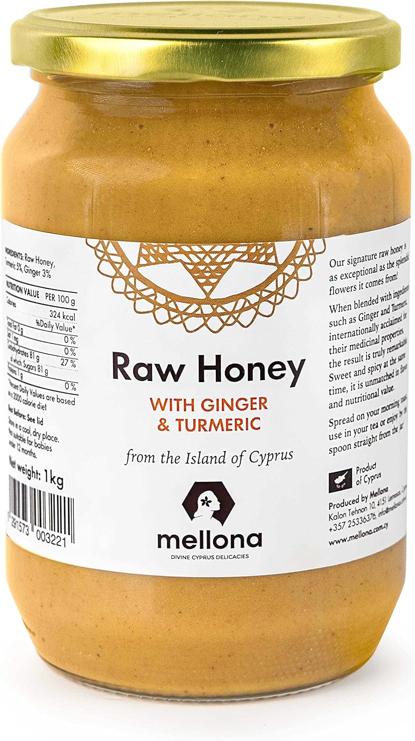 Mellona 100% Raw & Natural Creamy Golden Honey With Ginger & Turmeric, Unheated & Unfiltered, 1KG
