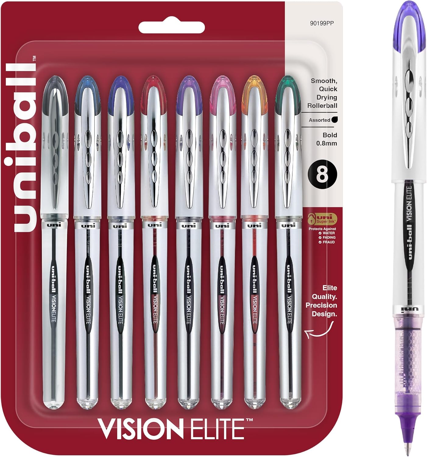 uni-ball® Vision™ Elite™ Liquid Ink Rollerball Pens, Bold Point, 0.8 mm, Black Barrel, Assorted Ink Colors, Pack Of 8
