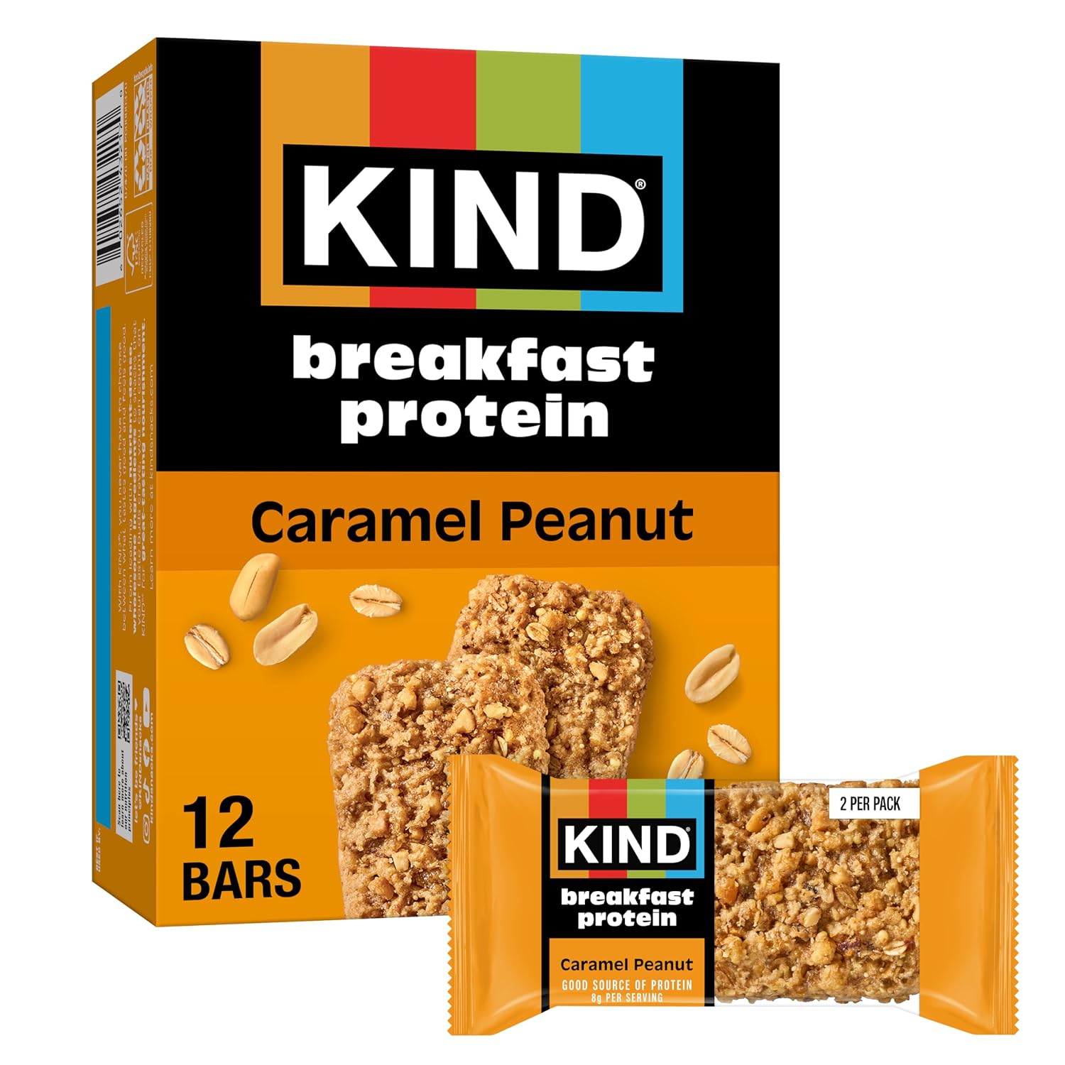 KIND Breakfast Protein Bars, Caramel Peanut, 8g Protein, Gluten Free, 6 ct | Perfect for busy mornings: a gluten-free healthy snack with whole grain oats for on-the-go energy. Includes 6, 2-bar packs.