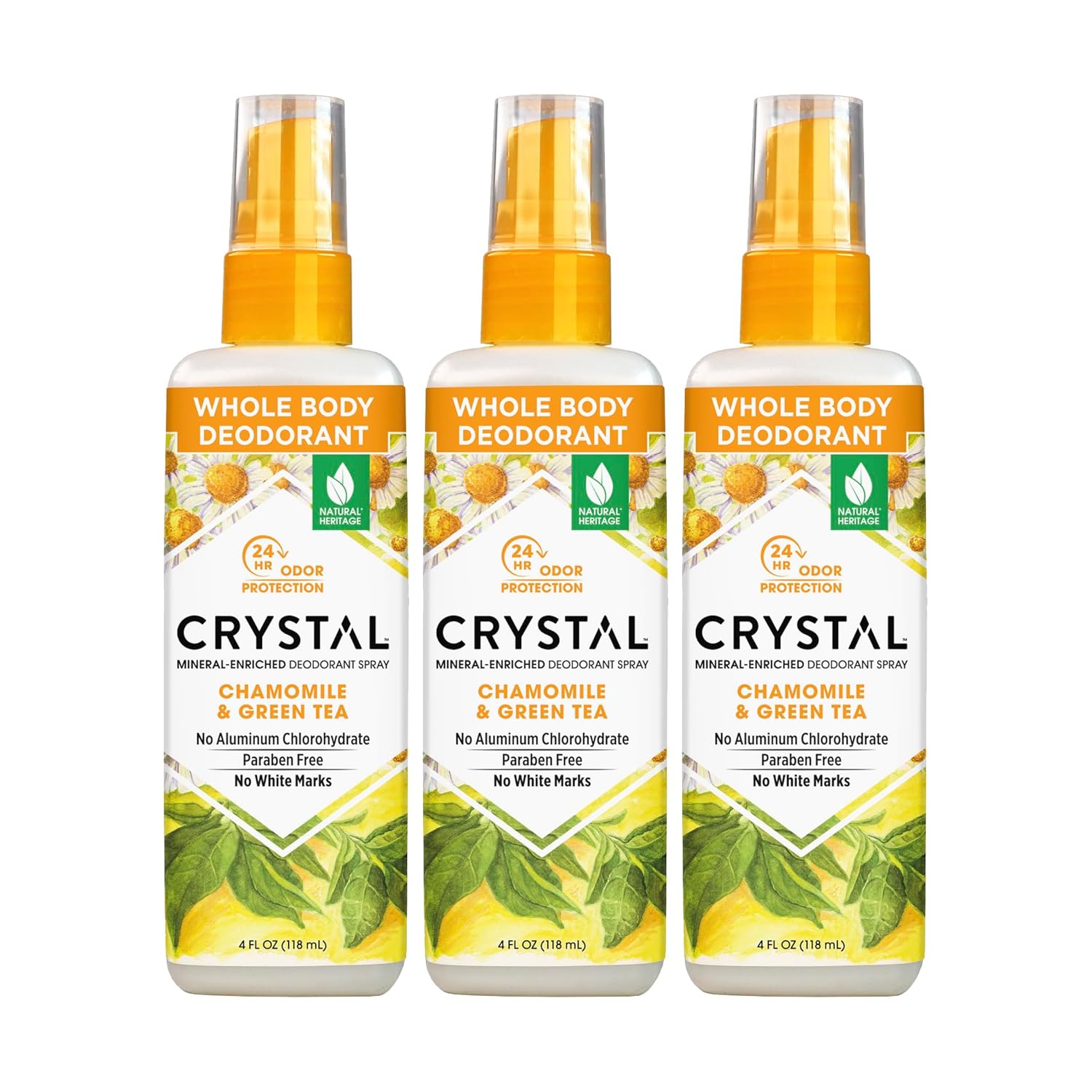 Crystal Deodorant Essence Spray 4 Ounce Chamomile/Green Tea, All Over Body Deodorant, (118ml) (3 Pack)