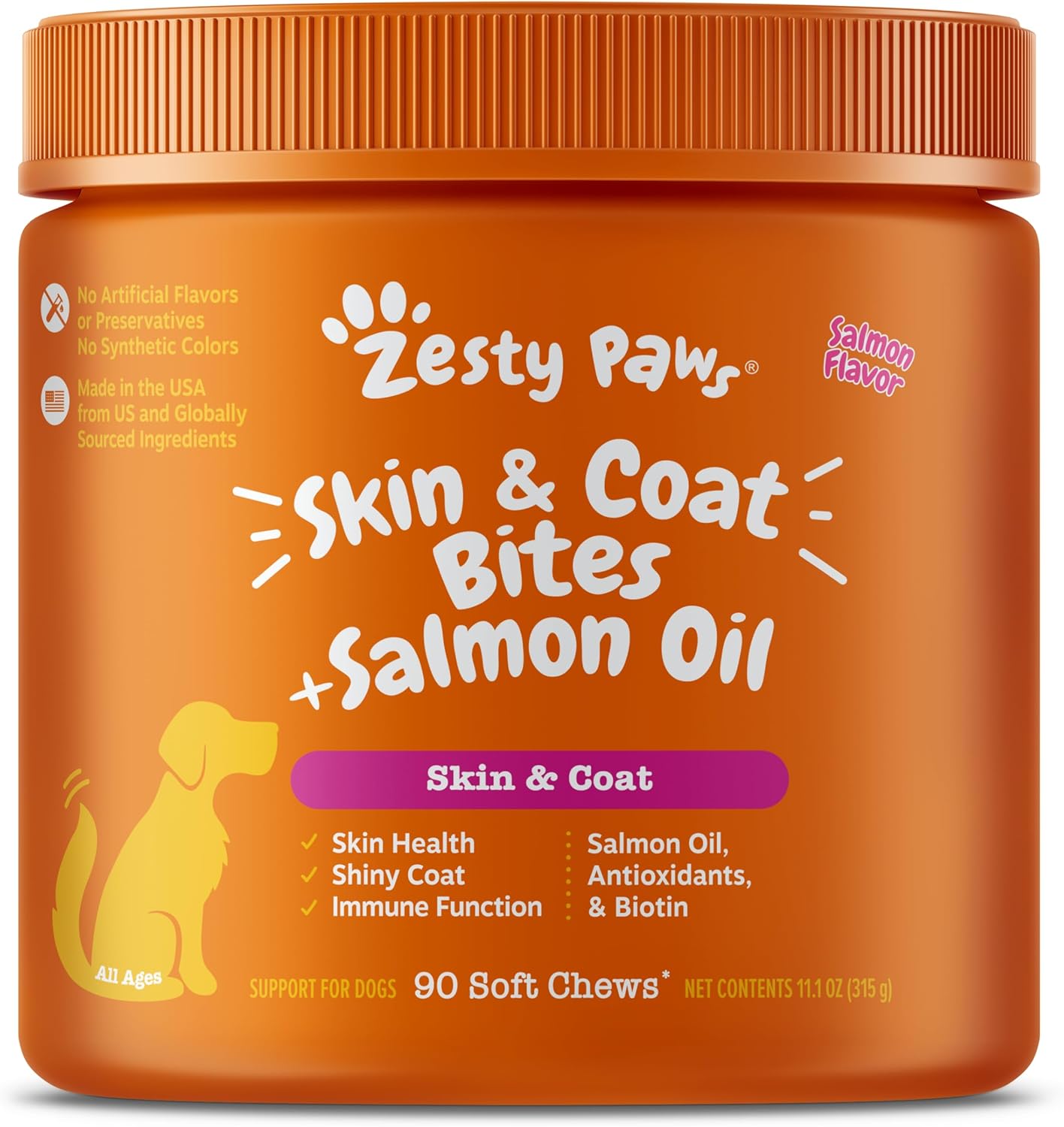 Zesty Paws Salmon Oil for Dogs Skin and Coat, Omega 3 Fish Oil Chews, Dog Allergy Relief Chews, Itch Relief Supplement, 90 Count, Salmon Flavor