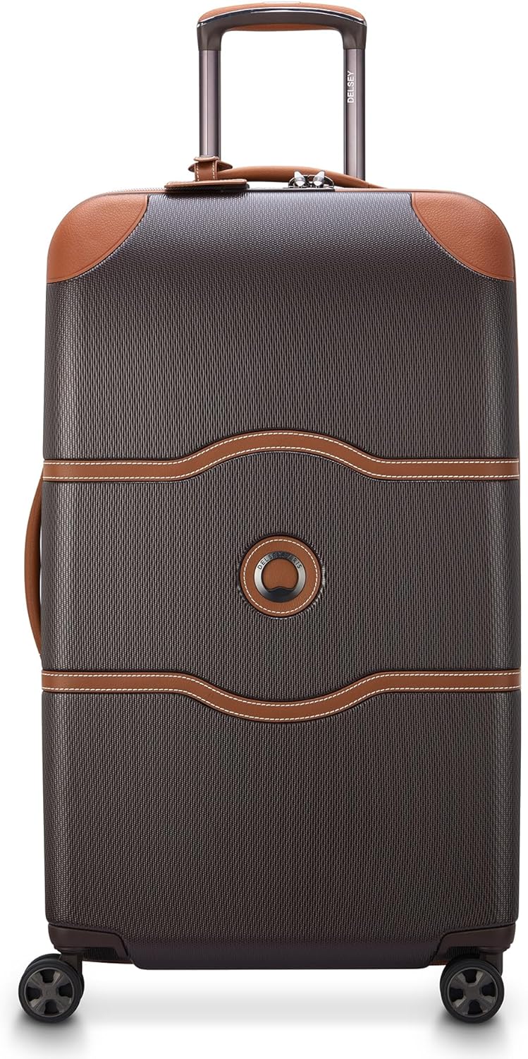 DELSEY PARIS Chatelet Air 2.0 Checked Luggage Trunk 26 Inch, Hardside Polycarbonate Suitcase, Dual-Density Spinner Wheels, TSA Lock, Chocolate Brown