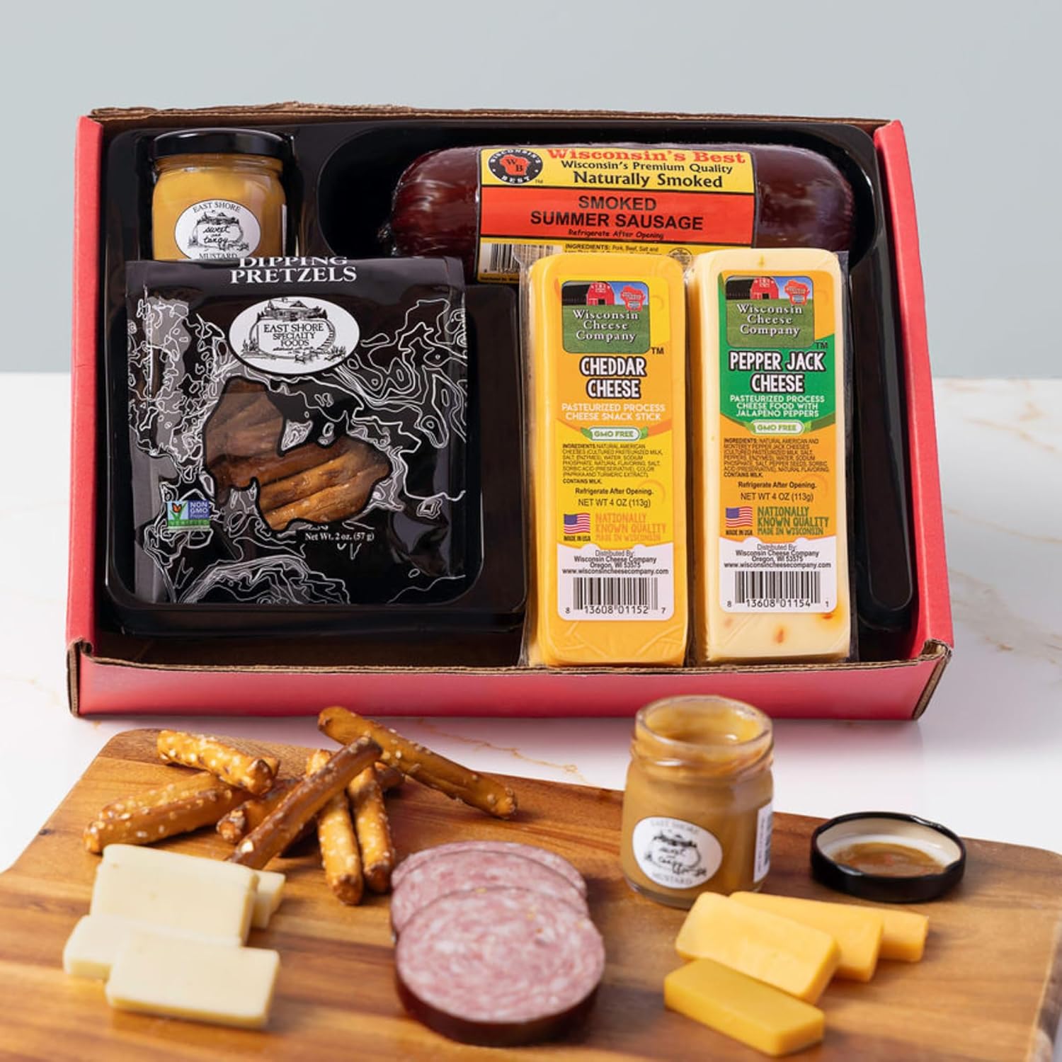 Wisconsin Cheese Company - Classic Snack Gift Box -100% Wisconsin Cheddar & Pepper Jack Cheese, Sausage, Pretzels & Mustard | Perfect for Parties, Charcuterie Boards and Birthdays