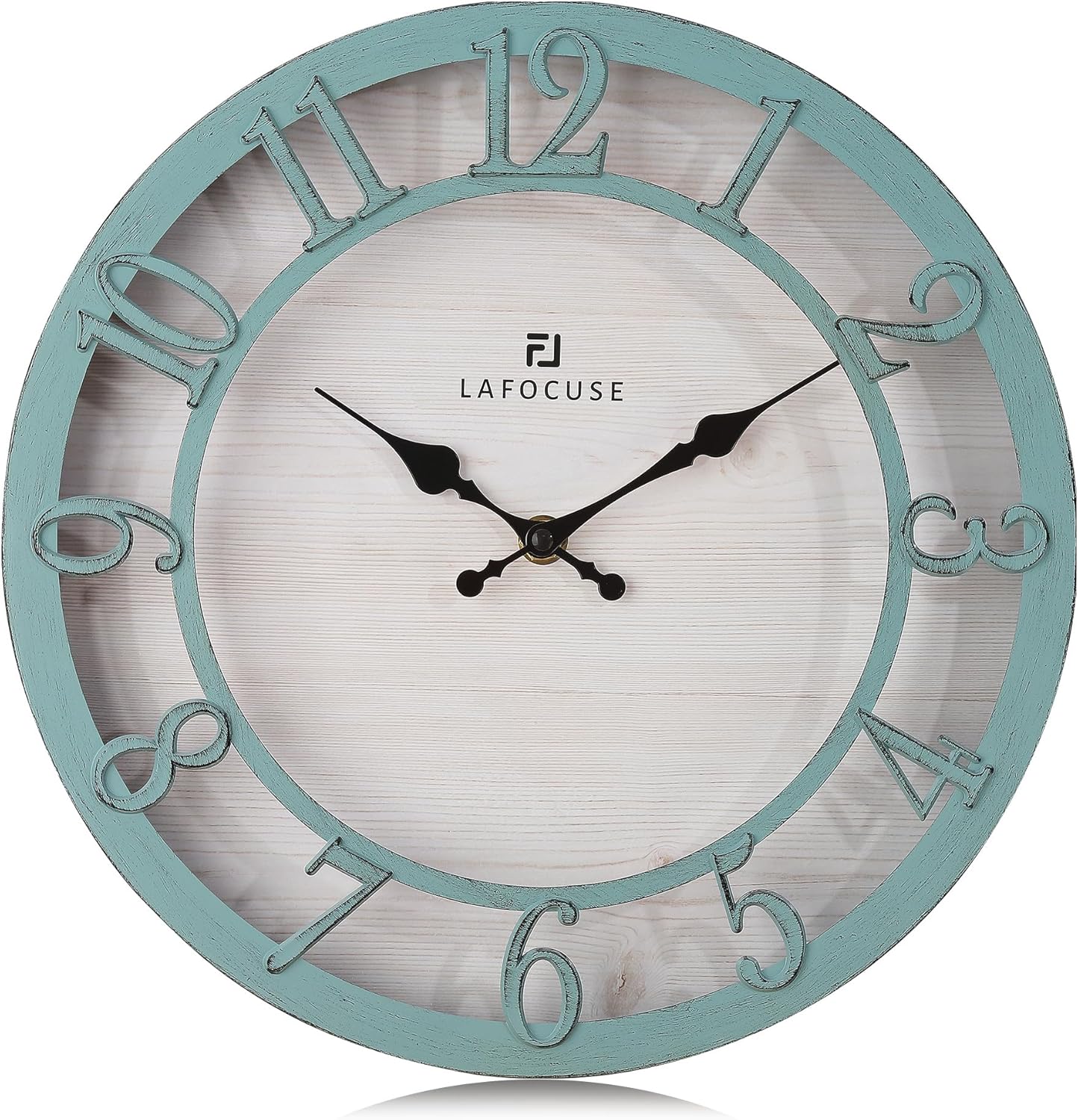 Lafocuse Silent Teal Green Rustic Farmhouse Wall Clock with Raised 3D Arabic Numerals for Home Decor 12 Inch, Battery Operated Shabby Chic Kitchen Wall Clocks Decorative for Living Room Bedroom Office