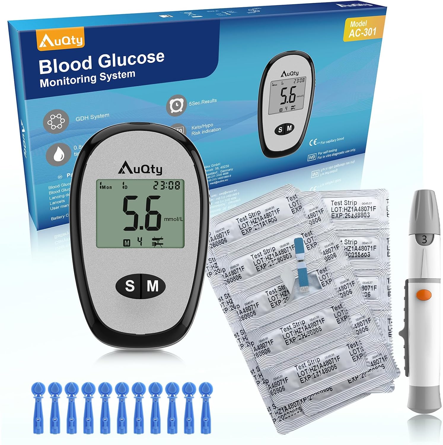Blood Glucose Meter With Individually wrapped Blood Glucose Test Strips Blood Sugar Monitor With Hypo & Ketone Warning Glucometer -in mmol/L