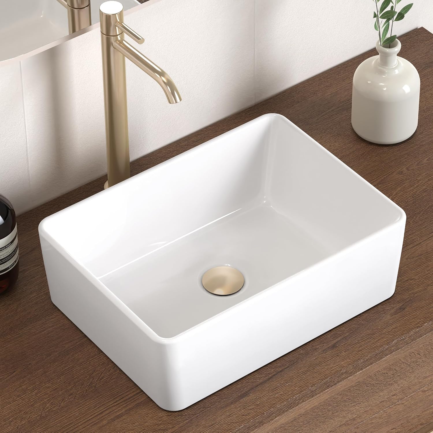 KES Bathroom Vessel Sink, Rectangular 16"X12" White Vessel Sink for Bathroom Countertop, Bathroom Sink Above Counter, Rectangle Porcelain Ceramic Small Vanity Sink, BVS110S40