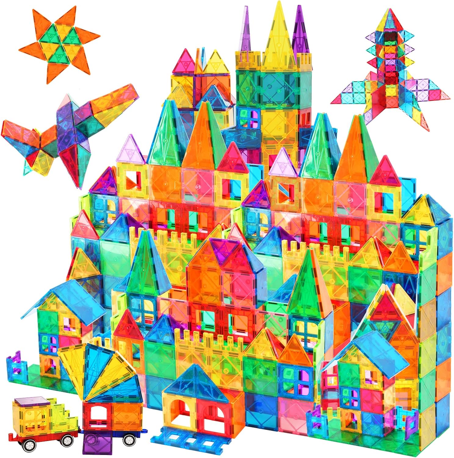 Magnetic Tiles,102PCS Magnetic Building Blocks 3D Clear Construction Playboards, Inspiration, Creativity Beyond Imagination, Educational Magnet Toy Set for Kids with 2 Cars