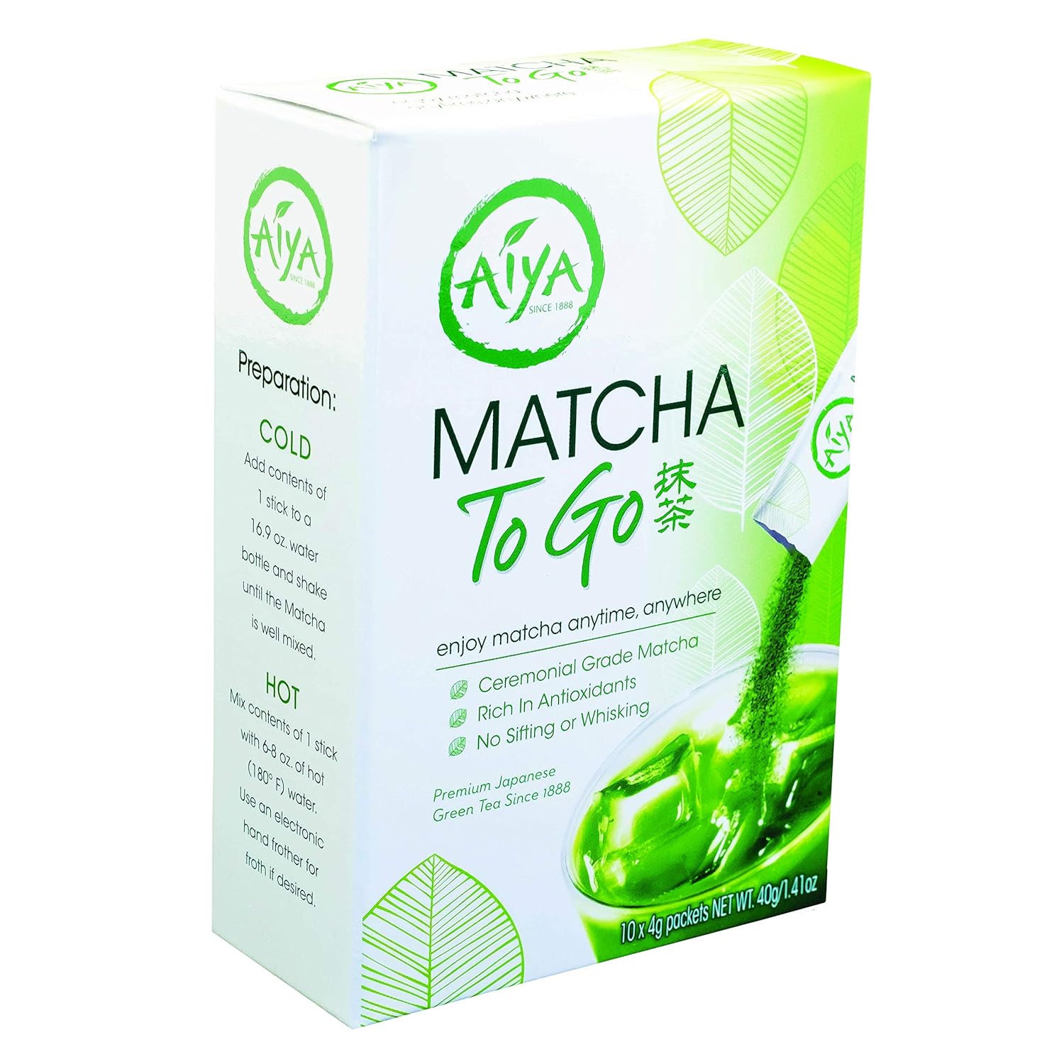 Aiya Japanese Matcha To Go - Ceremonial Grade Matcha Green Tea Powder - Convenient On-the-Go Packets for Smooth, Natural Energy Boost - Gluten-Free, Non-GMO - (2 Boxes - 10 Single-Serving Sticks)