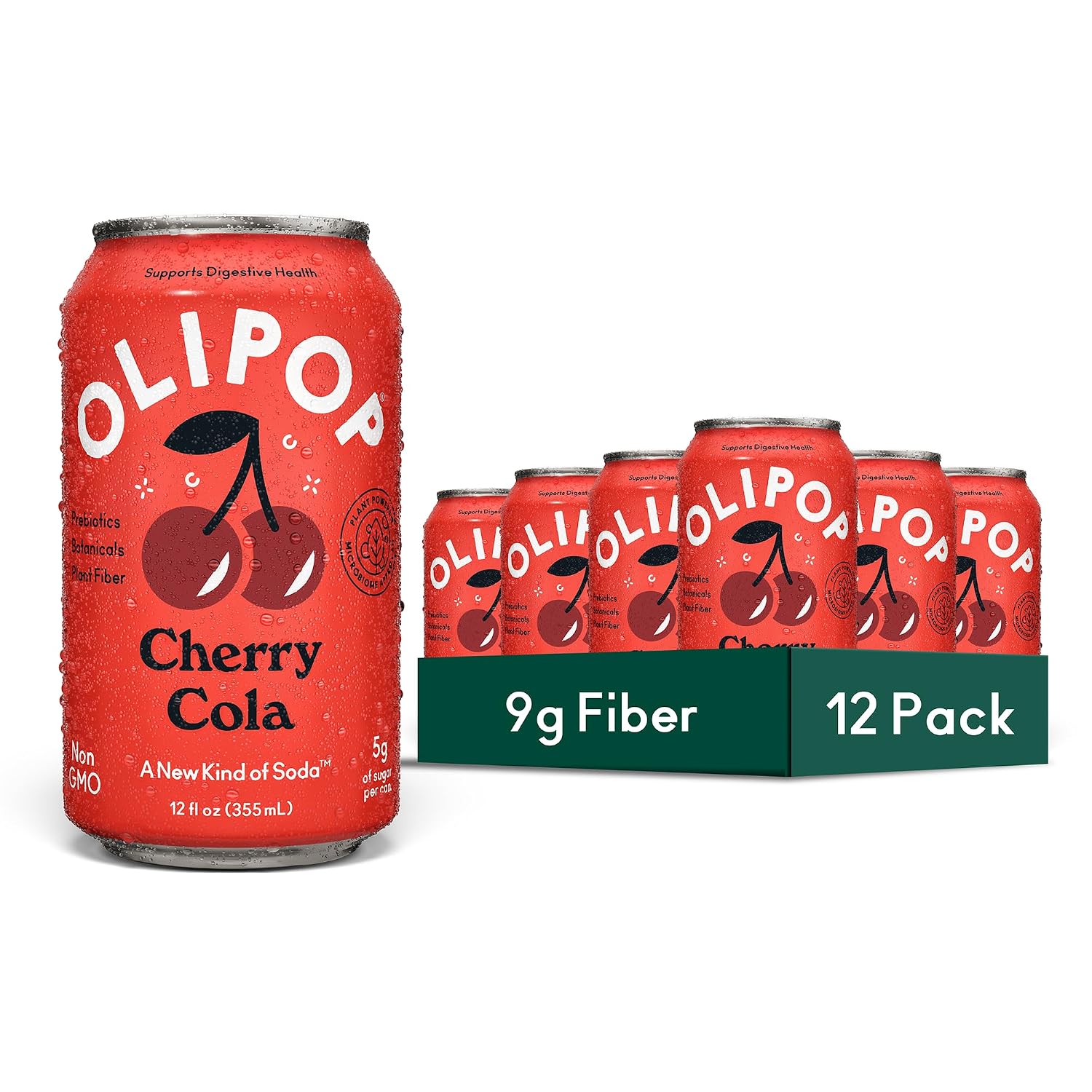 OLIPOP 9g Fiber Prebiotic Soda, Cherry Cola, 12 fl oz, 12 Pack | Refrigerated Prebiotic Soda, 9g Fiber, 5g Sugar, Digestive Health Support, Prebiotics & Botanicals, Gluten Free, Non GMO