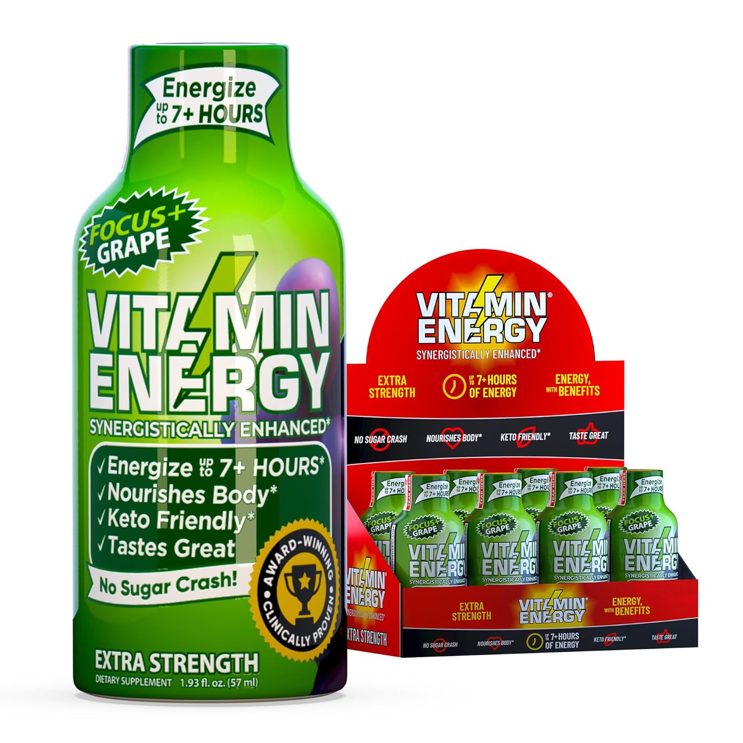 Vitamin Energy Focus+ Extra Strength Energy Shot Grape 8 Pack, 260mg Natural Caffeine, B-Vitamins, CoQ10, Amino Acids, Focus, Productivity & Clarity, Zero Sugar, Gluten-Free, 1.93 fl oz