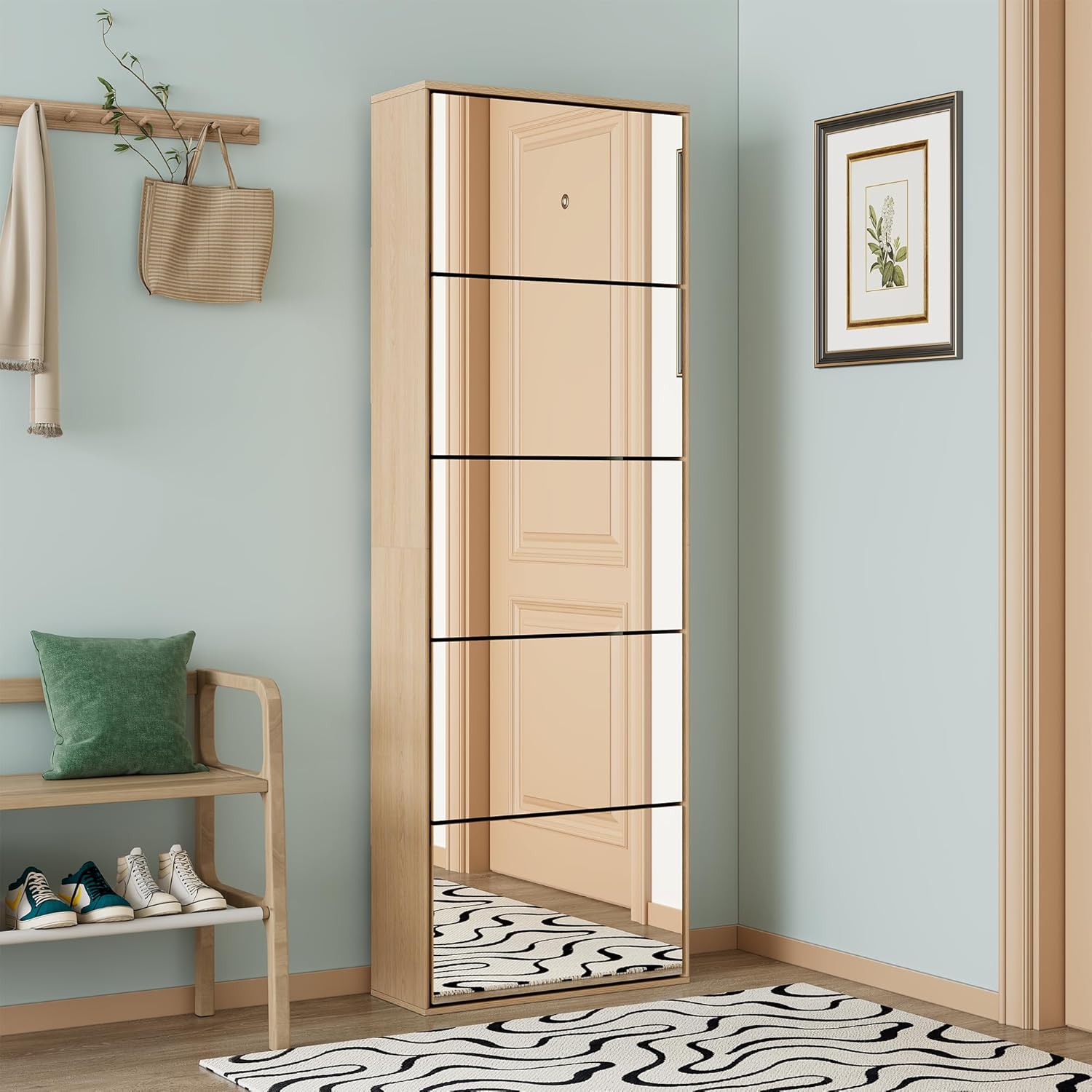 Yechen Mirror Shoe Cabinet with 5 Flip Drawers, Shoe Rack Storage Organizer, Entryway Shoe Cabinet for Front Door,Foyer,Hallway (1 Piece, Mirror Silver)