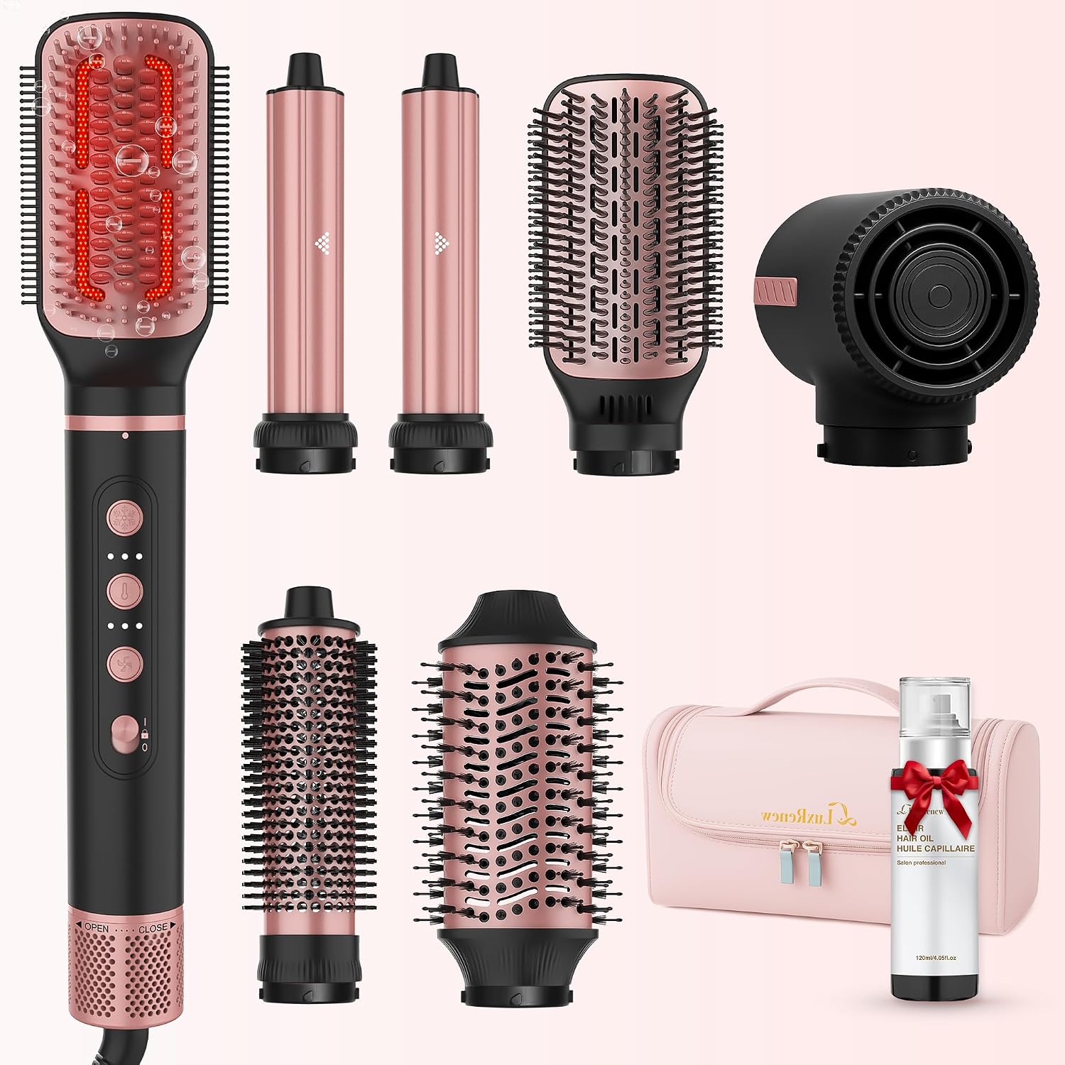 7 in 1 Professional Hair Styling Tool – Hot Air Brush Set, Multi-Styler and Blow Dryer Brush Straightening and Curling, Ionic & Infrared Tech, Cool Shot, 3 Heat & Speed Settings, Includes Travel Bag