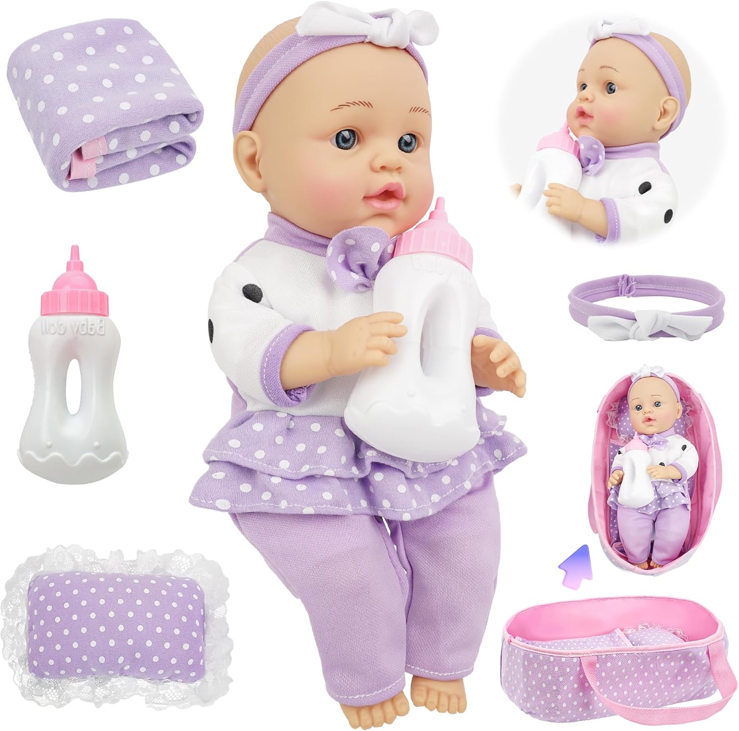 SMILESSKIDDO Baby Doll with Accessories, 12" Dolls Playset with Washable Carrier Bassinet Bed, Bottle, Blanket, and Pillow, Soft Body Baby Dolls for 2+ Year Old Girls