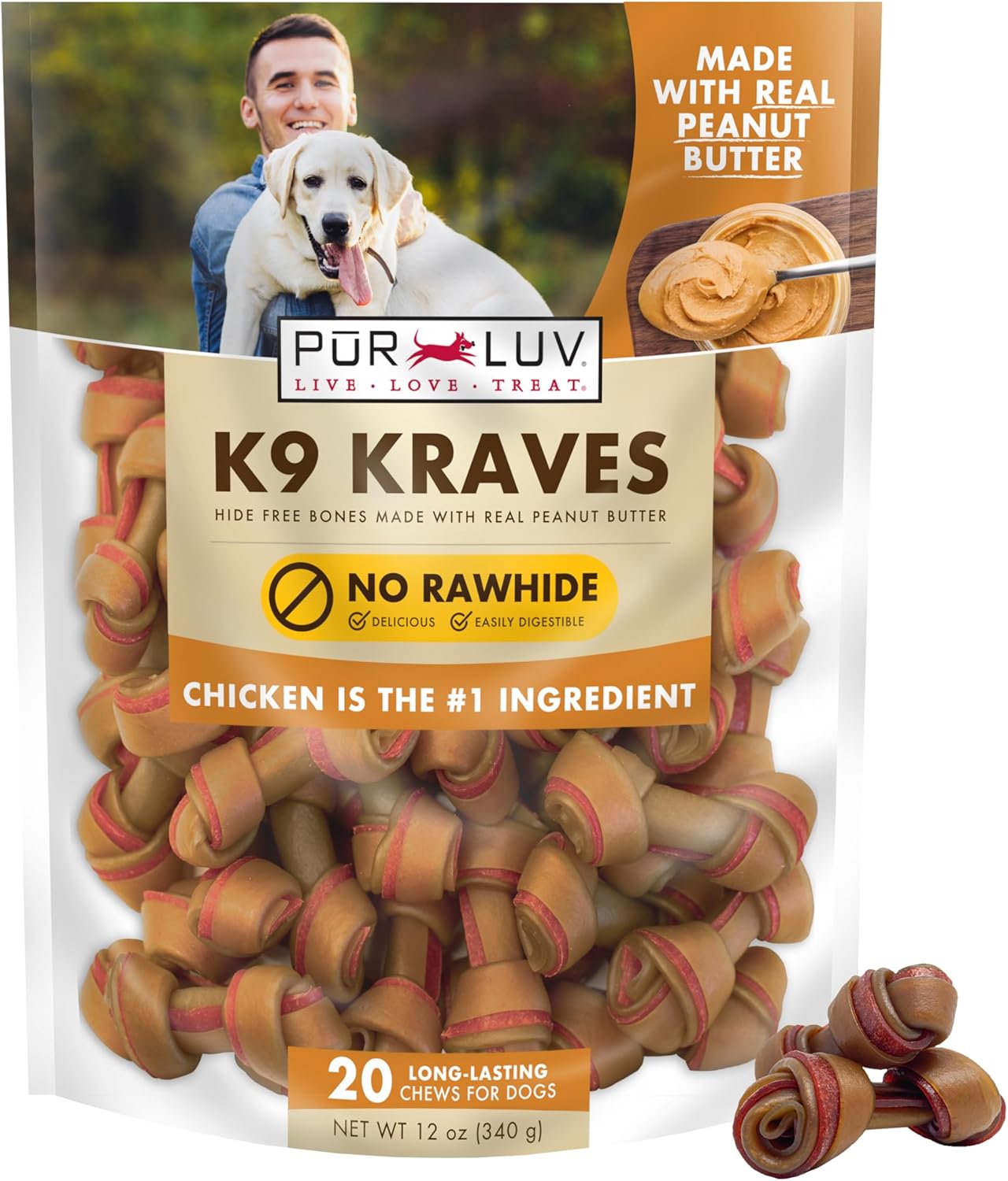 Pur Luv Dog Treats, K9 Kraves Rawhide Free Bone Dog Treat, Peanut Butter Flavor, Made with Real Peanut Butter and Chicken, 20 Count, Healthy, Easily Digestible, Long-Lasting, High Protein