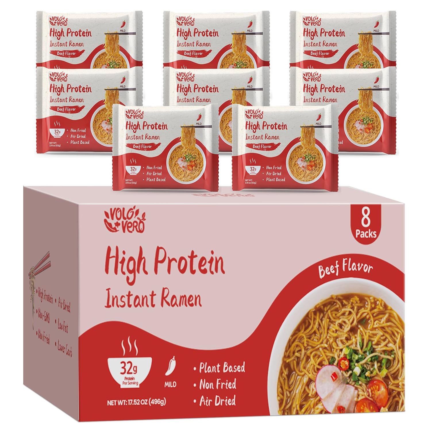 VOLO VERO Protein Ramen Instant Noodles Soup “Spicy” Beef Flavor, 32g High Plant-Based Protein, 8 Packs, Non-Fried, Vegan, Low Fat, Non-GMO, Egg & Dairy Free, Healthy Asian Meal