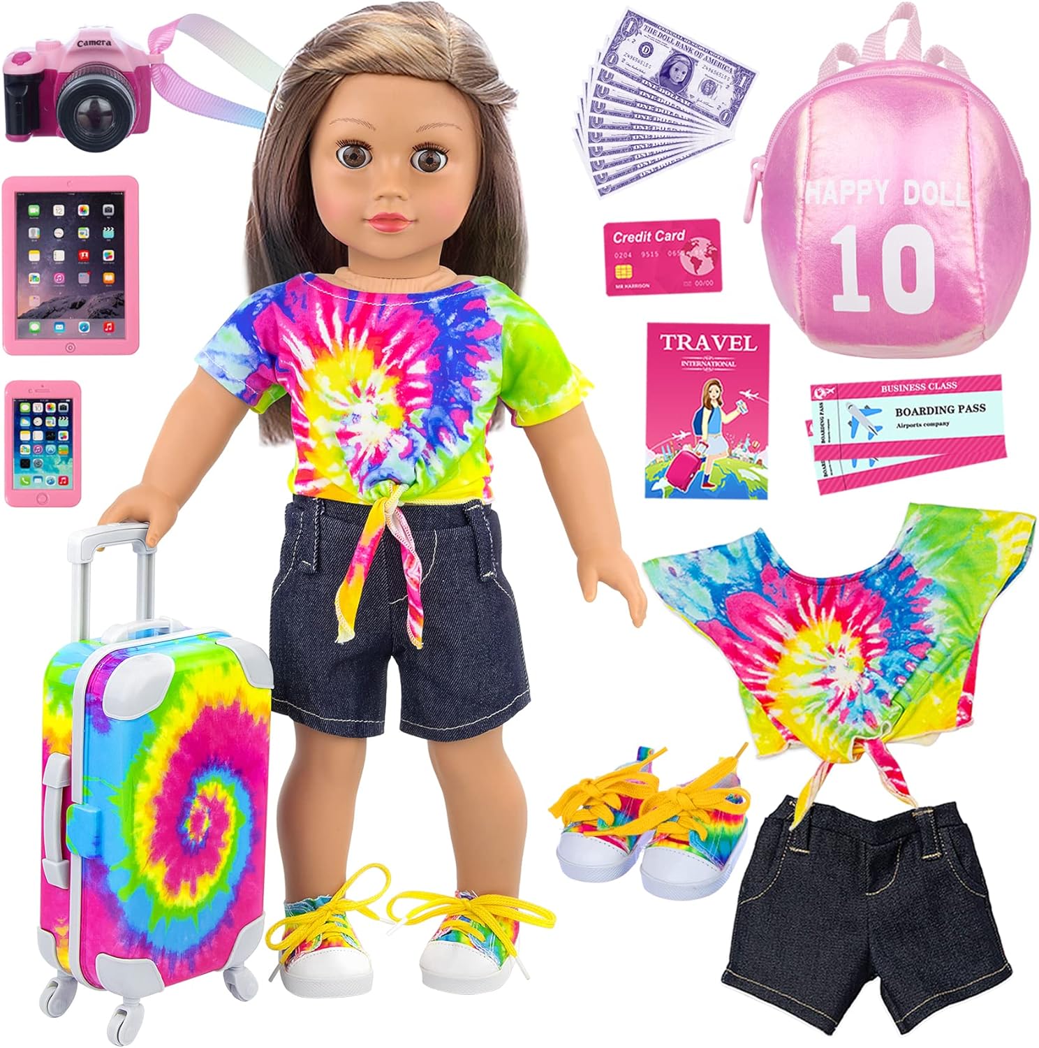 Ecore Fun 23 Pcs 18 inch Girl Doll Accessories Suitcase Travel Luggage Play Set,18" Doll Travel Carrier Storage, Including Suitcase, Clothes, Shoes, Backpack, Camera, Computer, Cell Phone（No Doll）