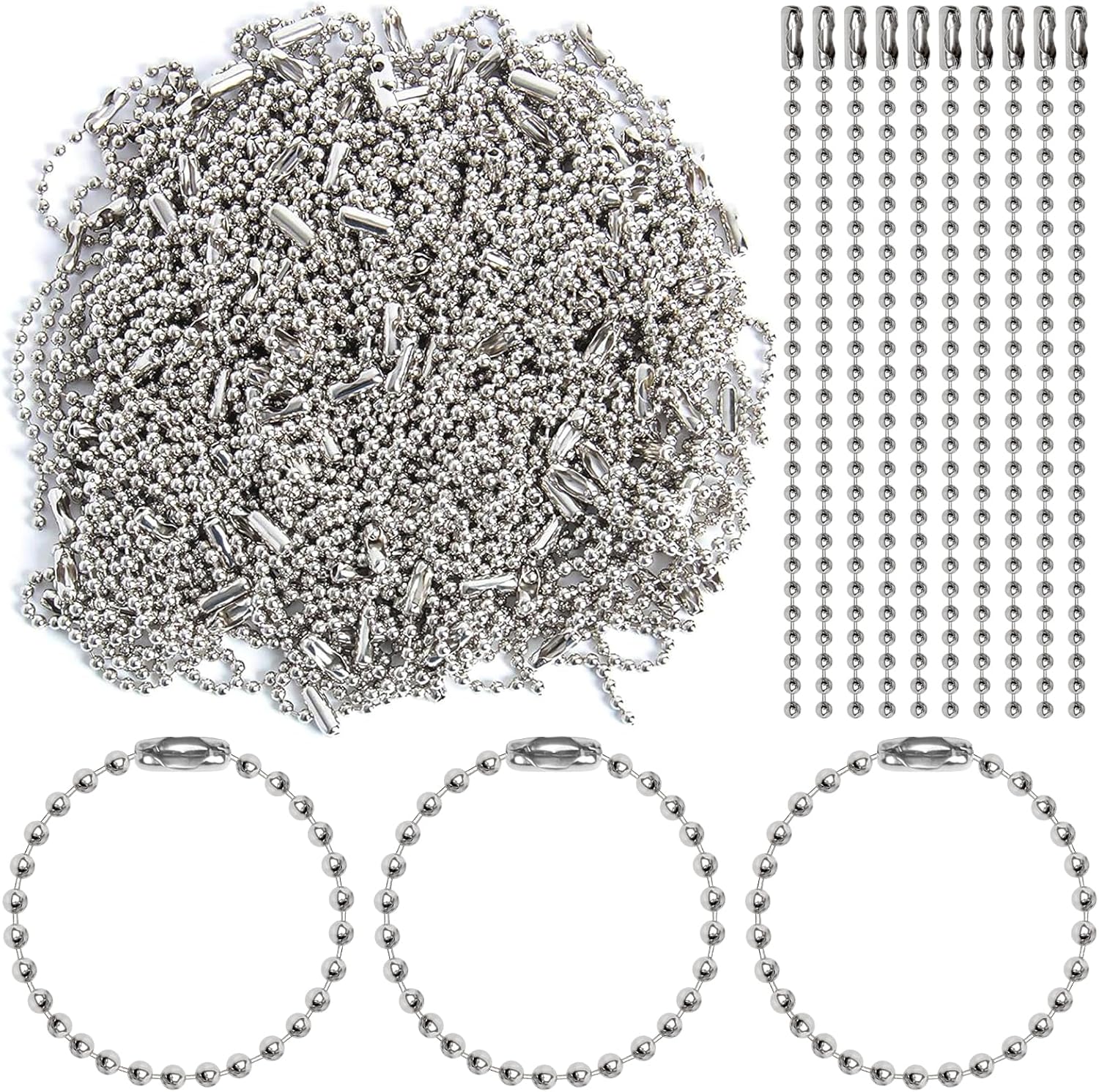 200 pcs 100 mm Long Bead Connector Clasp Ball Chains Keychain Tag Keychain Ball Chain 2.4 mm Diameter Adjustable Antiqued Metal Bead Steel Chain