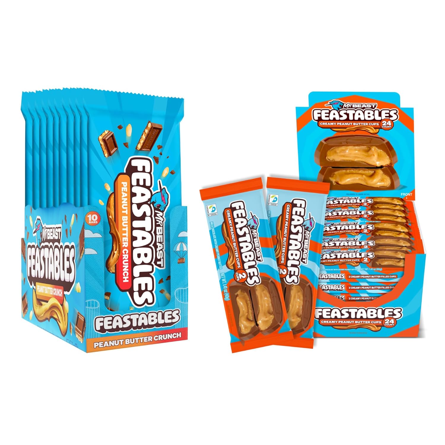 Feastables MrBeast PB Lover Pack, King Size Peanut Butter Crunch Chocolate Bars, 10 Ct, Peanut Butter Cups, 24 Packs, Candy for Adults & Kids, Candy Bars for Snacks, Gifts, or Dessert, Fairtrade Cocoa