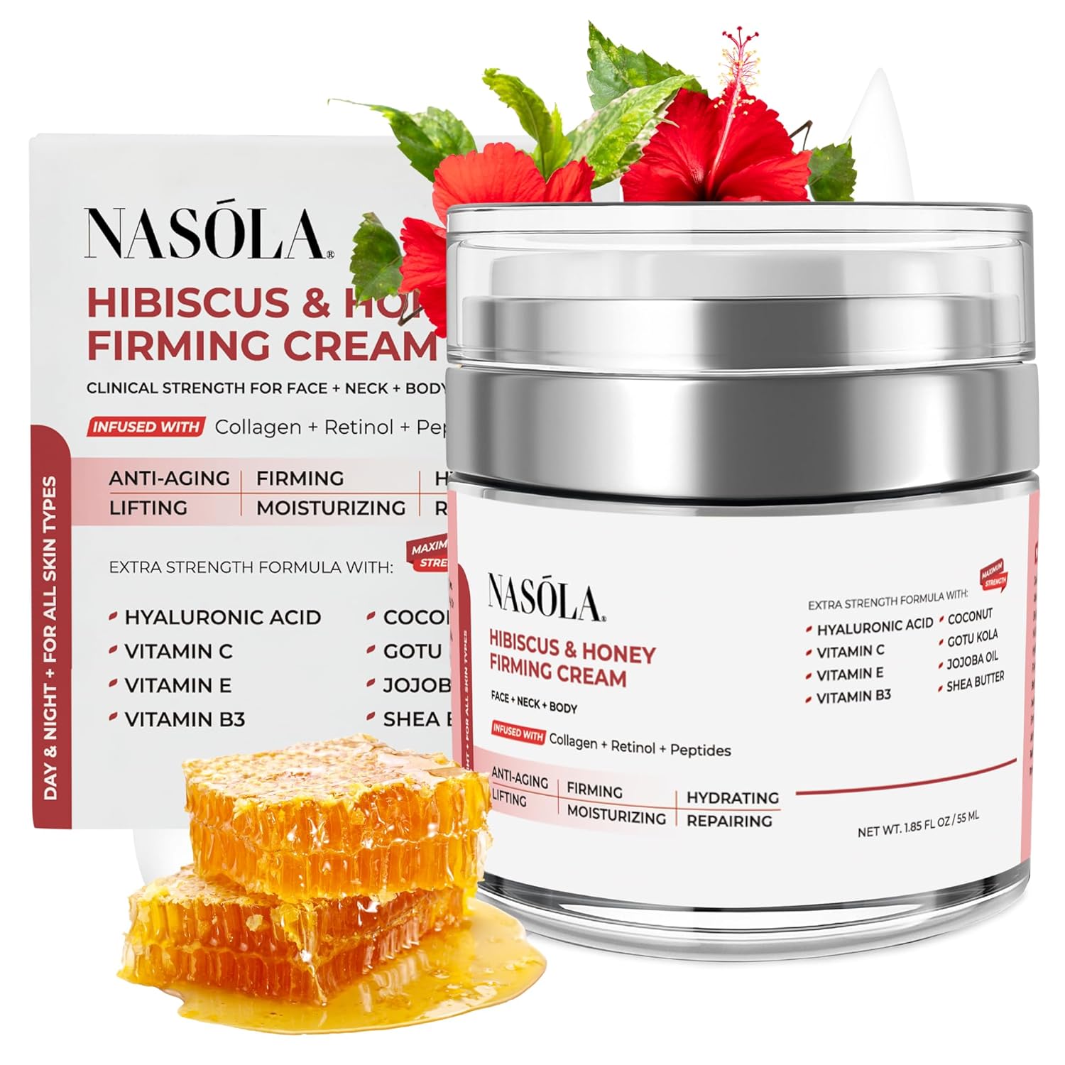 Nasola Hibiscus and Honey Firming Cream – Skin Tightening Moisturizer for Neck, Face & Body – Anti-Wrinkle with Collagen – 1.85 oz / 55ml