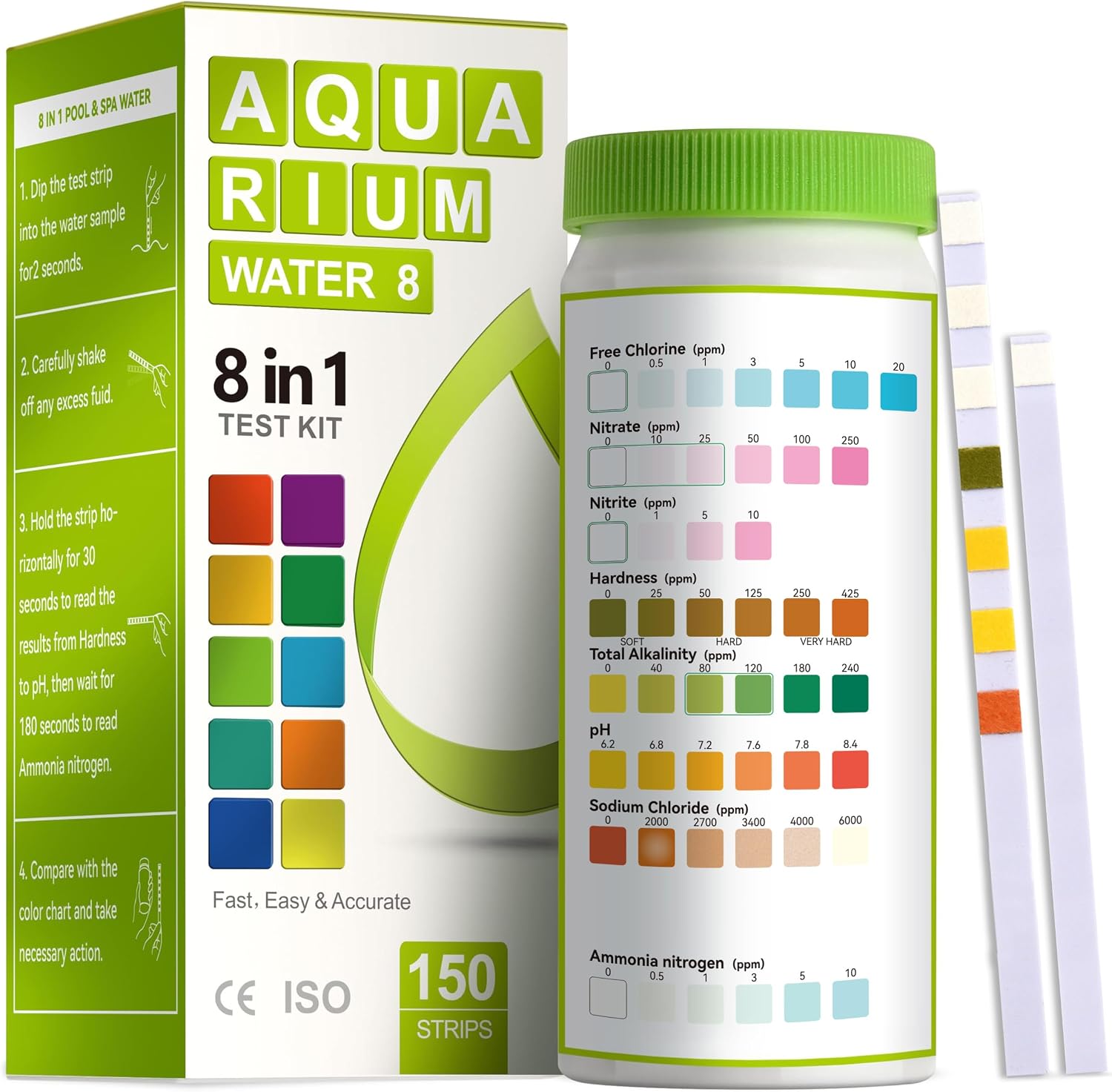 AAwipes 8-in-1 Aquarium Test Kit (150 Strips) for Freshwater & Saltwater - Quick & Accurate Water Testing for Aquariums & Ponds. Tests Free Chlorine, Hardness, pH, Ammonia Nitrogen, etc. (K02-150)