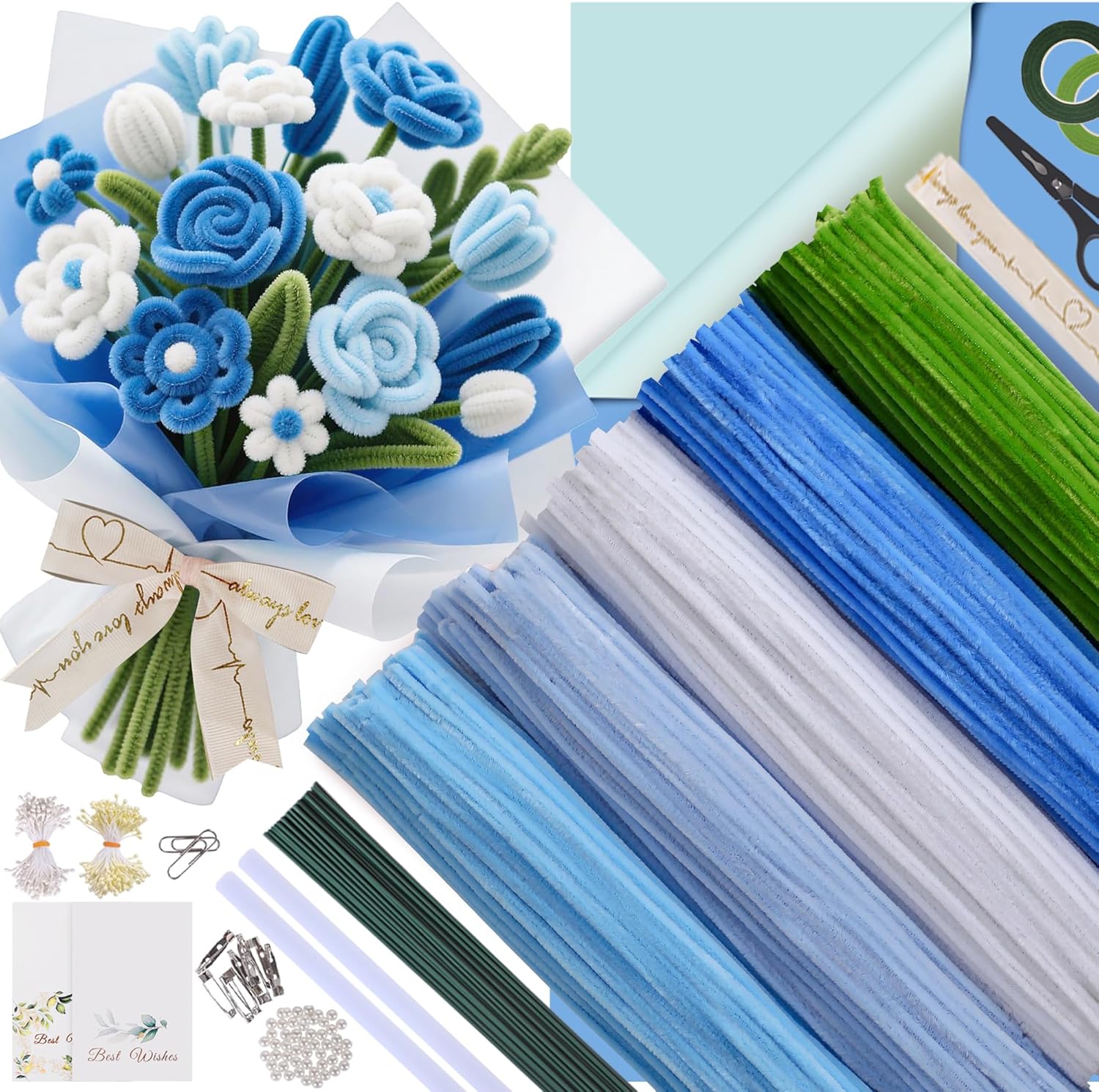 500 Pcs Pipe Cleaners Craft Kit for Flower Making, Complete DIY Flower Craft Set with Chenille Stems, Craft Wire, Stamen, Tape, Ribbon & More, Perfect for Arts, Gifts & Decorations