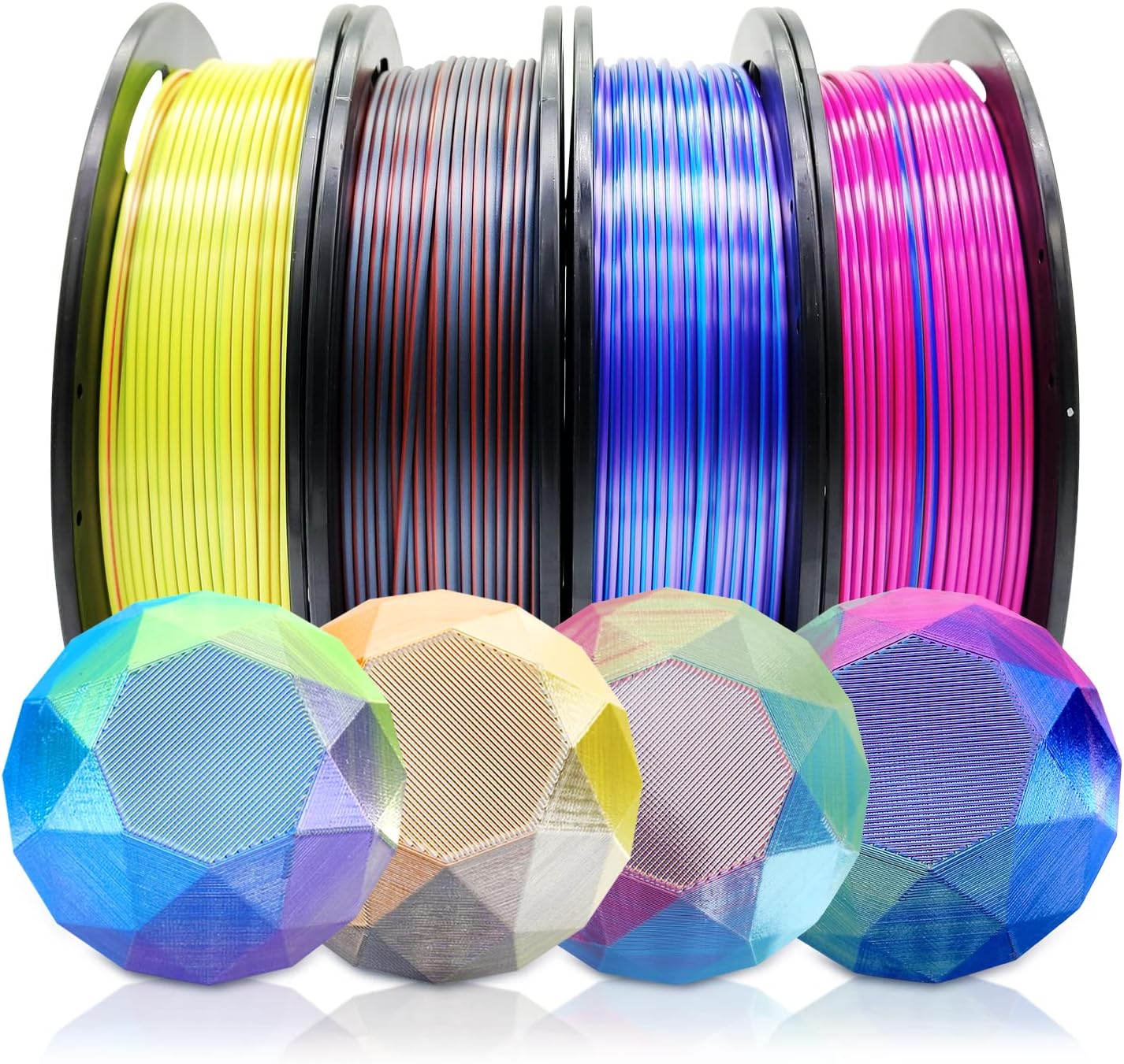 Reprapper PLA Filament 4 X 250g Color Pack, Triple Color Filament Coextrusion PLA 1.75mm for 3D Printer, 4 Spools Silk Rose/Blue/Green, red-blue1-gold, Purple/Blue/Yellow, Gold/Copper/Black