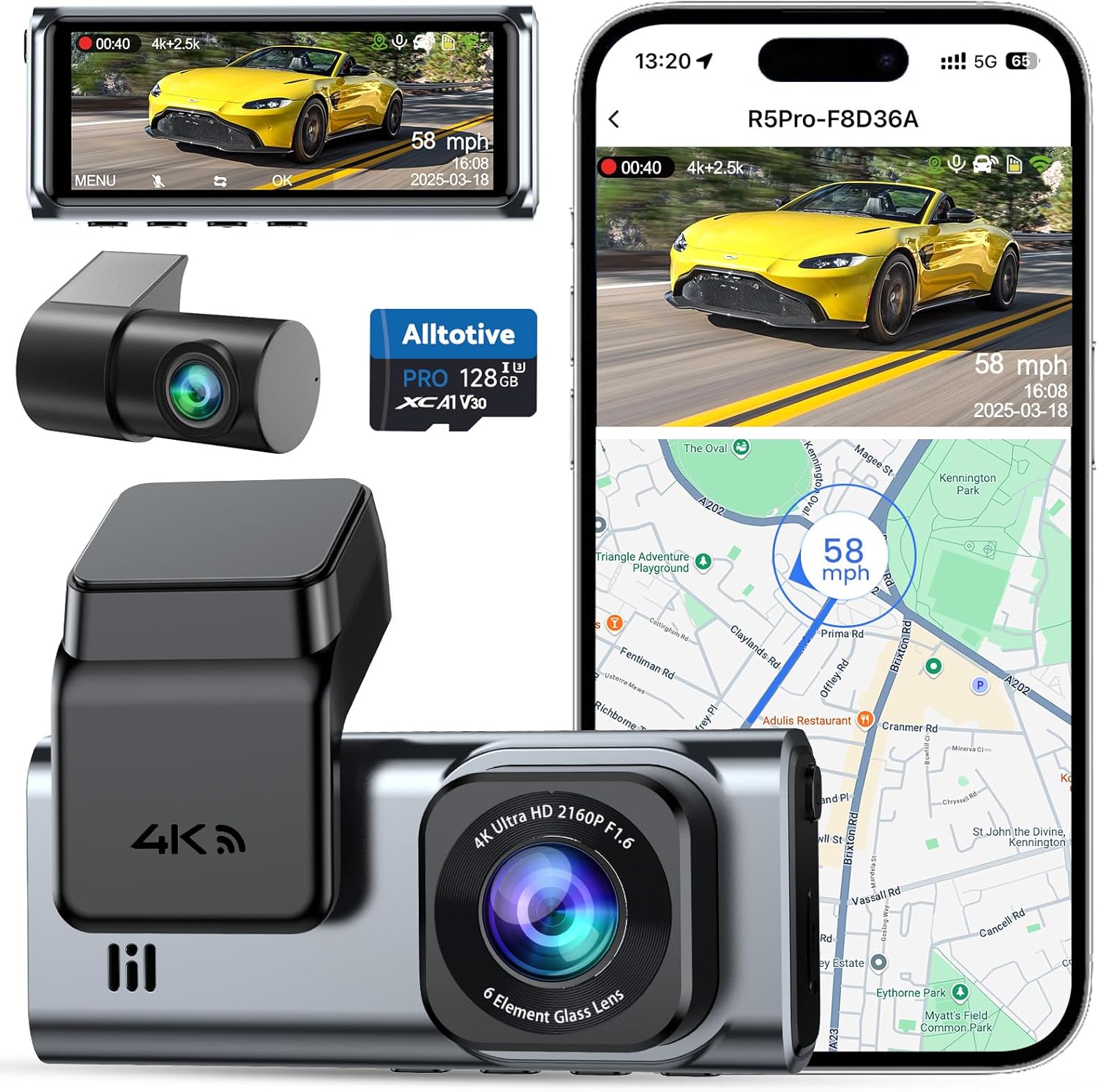 Alltotive 4K Dash Cam Front and Rear 2.5K, 5G WiFi GPS, Dual Car Camera with 128G SD Card, 3.16" IPS Screen, 24H Parking Mode, Night Vision, WDR, 170° Wide Angle, G-Sensor, Max 256GB, Dashcam(R5 Pro)
