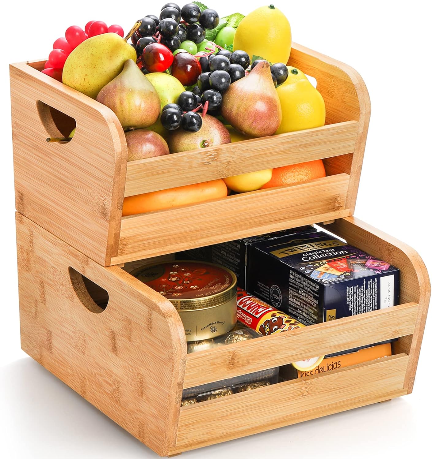 DEAYOU 2 Pack Bamboo Stackable Storage Bins, Bamboo Open Front Stacking Bins, Use as 2 Tier Bamboo Fruit Basket, Natural Food Organize Basket Box with Handle for Counter, Veg, Bread, Serving, Pantry