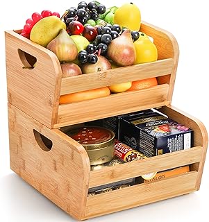 DEAYOU 2 Pack Bamboo Stackable Storage Bins, Bamboo Open Front Stacking Bins, Use as 2 Tier Bamboo Fruit Basket, Natural Food Organize Basket Box with Handle for Counter, Veg, Bread, Serving, Pantry